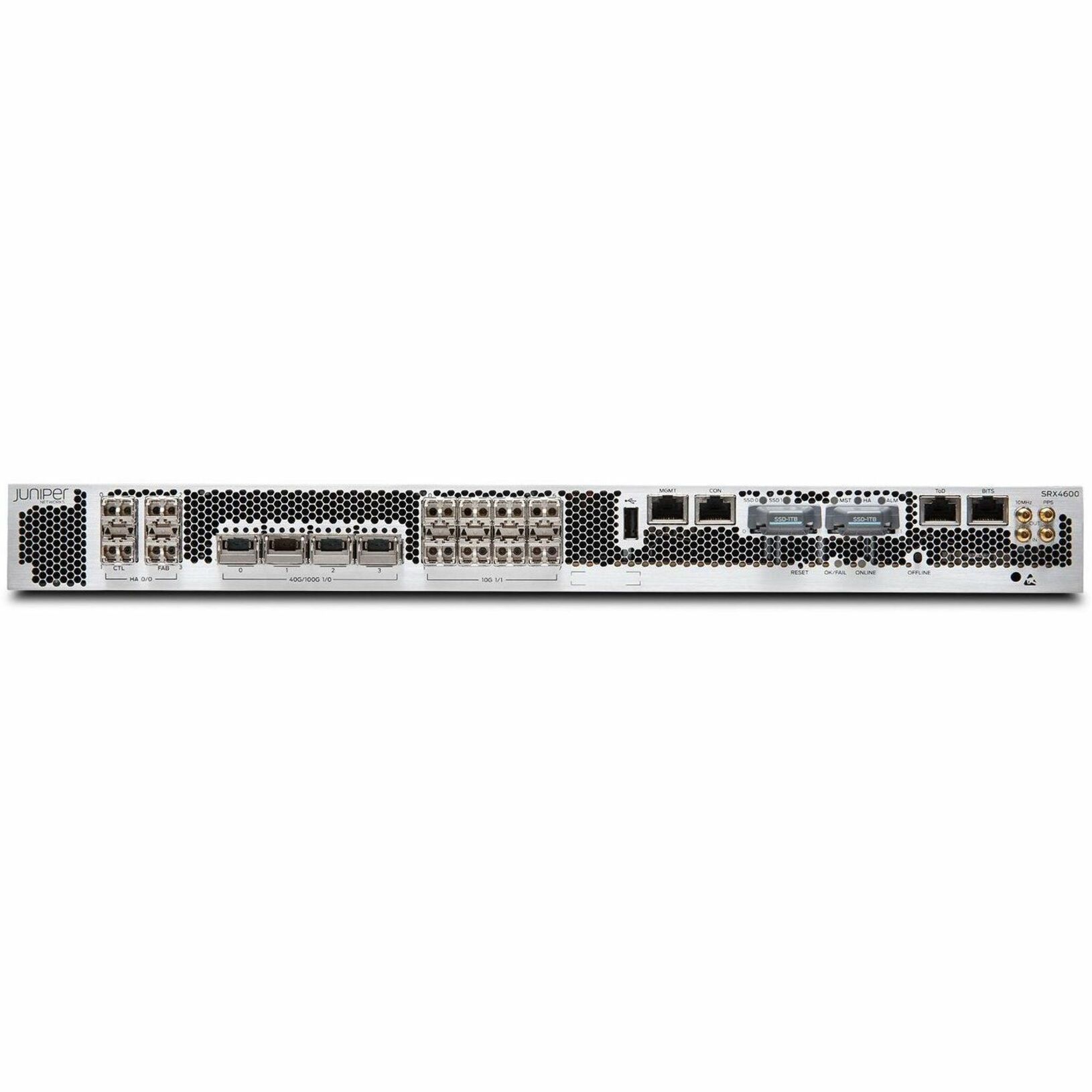 Juniper SRX4600 Network Security Firewall - 10/100Base-TX, 10GBase-X, 40GBase-X, 100GBase-X - 100 Gigabit Ethernet - 90 Gbit/s Firewall Throughput - AES (128-bit), SHA-256, 3DES, SHA-1, DES-CBC, AEC-CBC, AES-GCM, MD5, SHA-384, SSL - 28 Total Expansion Slots - 50 Hz, 60 Hz - 1U - Rack-mountable