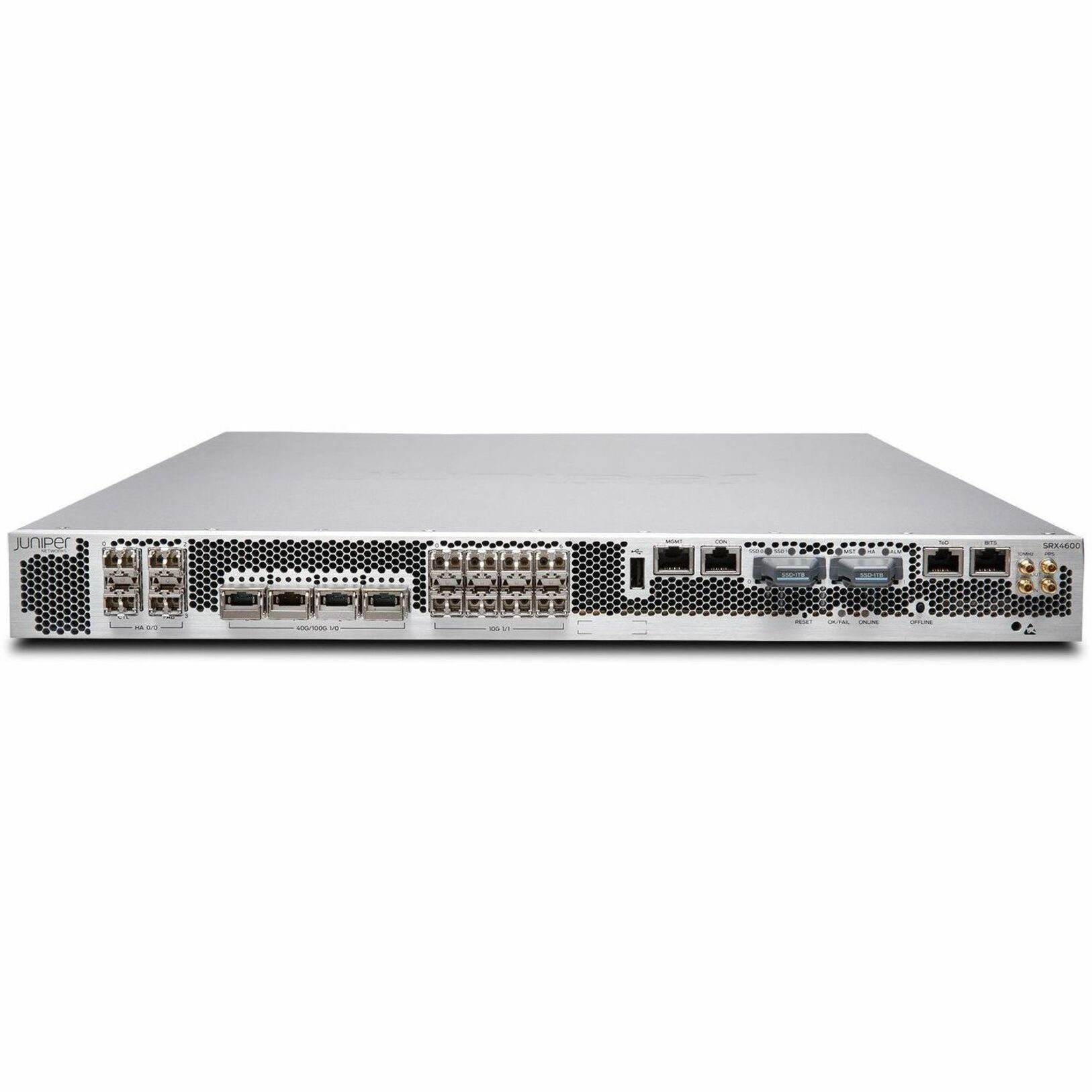 Juniper SRX4600 Network Security Firewall - 10/100Base-TX, 10GBase-X, 40GBase-X, 100GBase-X - 100 Gigabit Ethernet - 90 Gbit/s Firewall Throughput - AES (128-bit), SHA-256, 3DES, SHA-1, DES-CBC, AEC-CBC, AES-GCM, MD5, SHA-384, SSL - 28 Total Expansion Slots - 50 Hz, 60 Hz - 1U - Rack-mountable - TAA Compliant