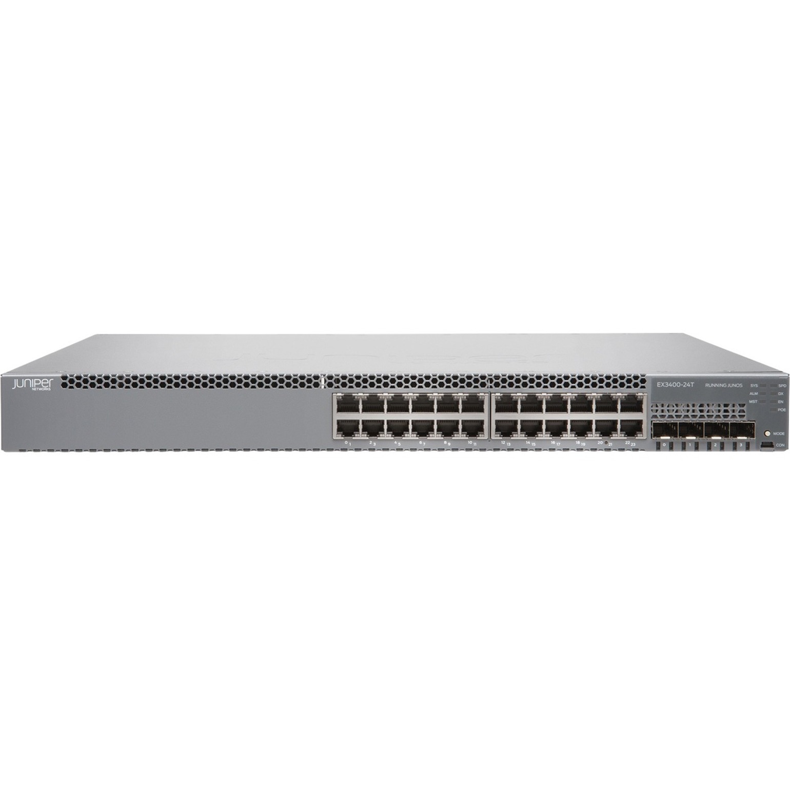 Juniper EX3400-24T Ethernet Switch - 24 Ports - Manageable - Gigabit Ethernet, 40 Gigabit Ethernet, 10 Gigabit Ethernet - 1000Base-T, 10GBase-X, 40GBase-X - 3 Layer Supported - Modular - Twisted Pair, Optical Fiber - Rack-mountable, Wall Mountable - Lifetime Limited Warranty