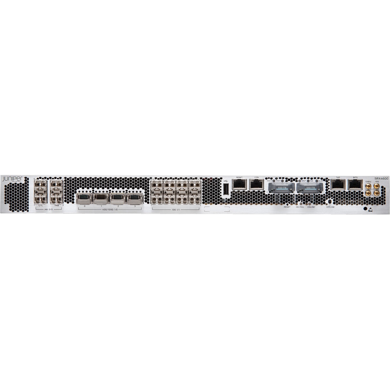 Juniper SRX4600 Network Security Firewall - 10/100Base-TX, 10GBase-X, 40GBase-X, 100GBase-X - 100 Gigabit Ethernet - 90 Gbit/s Firewall Throughput - AES (128-bit), SHA-256, 3DES, SHA-1, DES-CBC, AEC-CBC, AES-GCM, MD5, SHA-384, SSL - 28 Total Expansion Slots - 50 Hz, 60 Hz - 1U - Rack-mountable