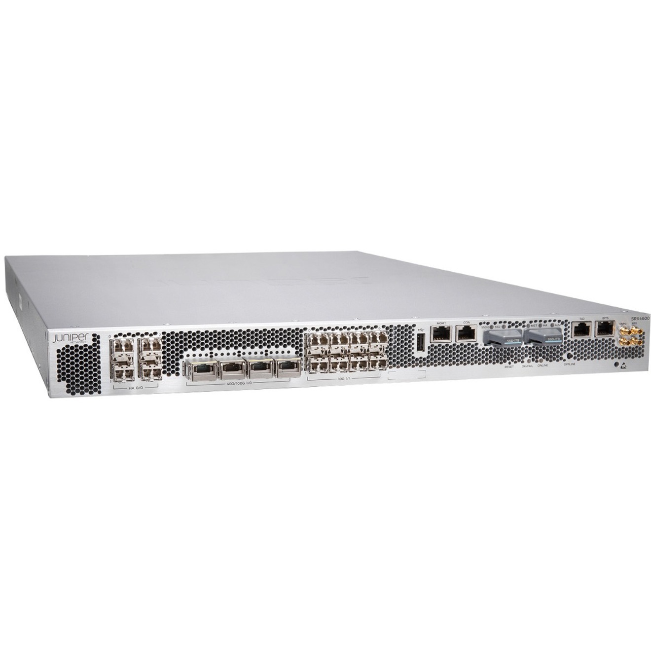 Juniper SRX4600 Network Security Firewall - 10/100Base-TX, 10GBase-X, 40GBase-X, 100GBase-X - 100 Gigabit Ethernet - 90 Gbit/s Firewall Throughput - AES (128-bit), SHA-256, 3DES, SHA-1, DES-CBC, AEC-CBC, AES-GCM, MD5, SHA-384, SSL - 28 Total Expansion Slots - 50 Hz, 60 Hz - 1U - Rack-mountable