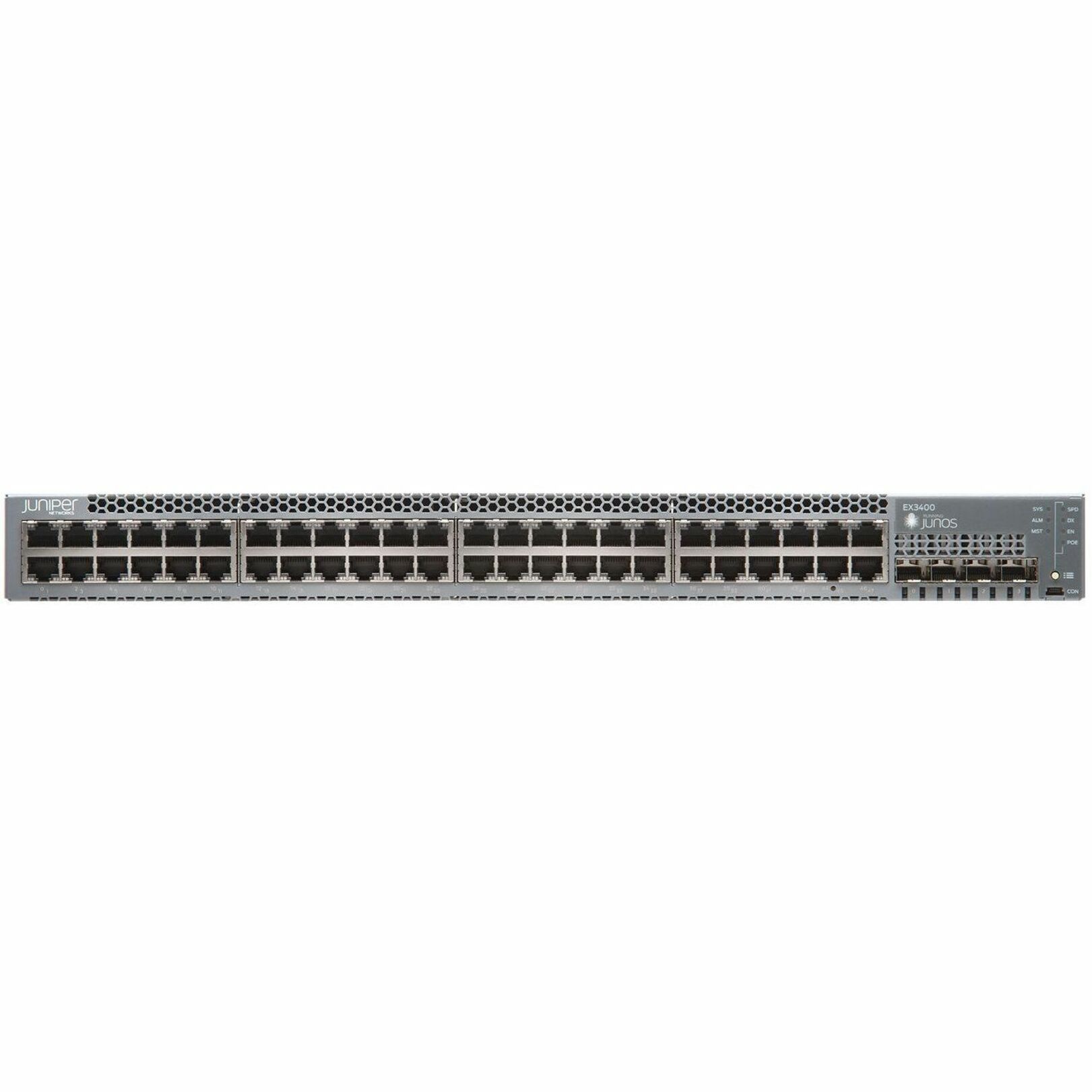 Juniper EX3400-48P Layer 3 Switch - 48 Ports - Manageable - Gigabit Ethernet, 10 Gigabit Ethernet, 40 Gigabit Ethernet - 40GBase-X, 10GBase-X, 1000Base-T - 3 Layer Supported - Modular - Twisted Pair, Optical Fiber - 1U - Rack-mountable, Wall Mountable - Lifetime Limited Warranty