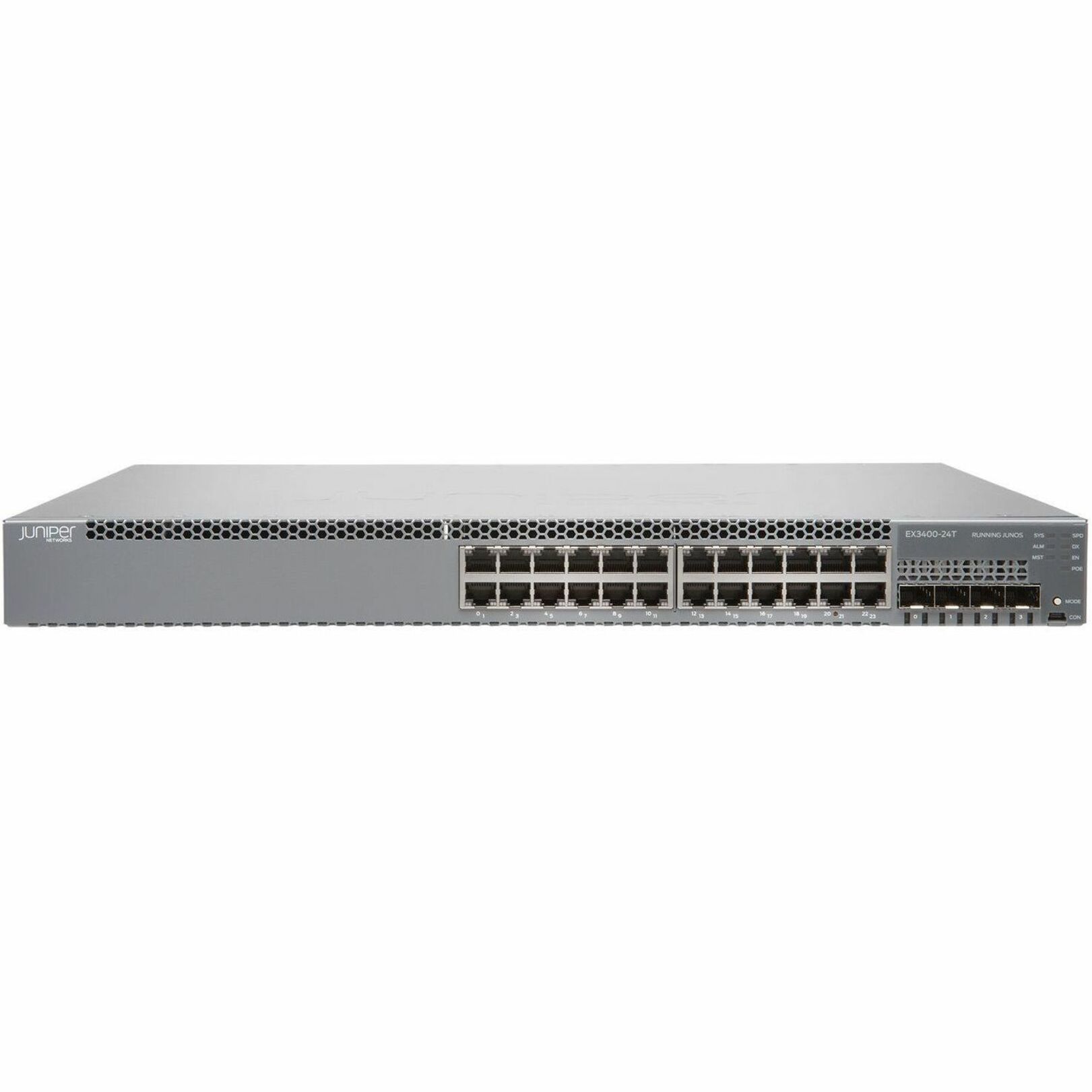 Juniper EX3400-24T Ethernet Switch - 24 Ports - Manageable - Gigabit Ethernet, 40 Gigabit Ethernet, 10 Gigabit Ethernet - 1000Base-T, 10GBase-X, 40GBase-X - 3 Layer Supported - Modular - 100 W Power Consumption - Twisted Pair, Optical Fiber - 1U - Rack-mountable, Wall Mountable