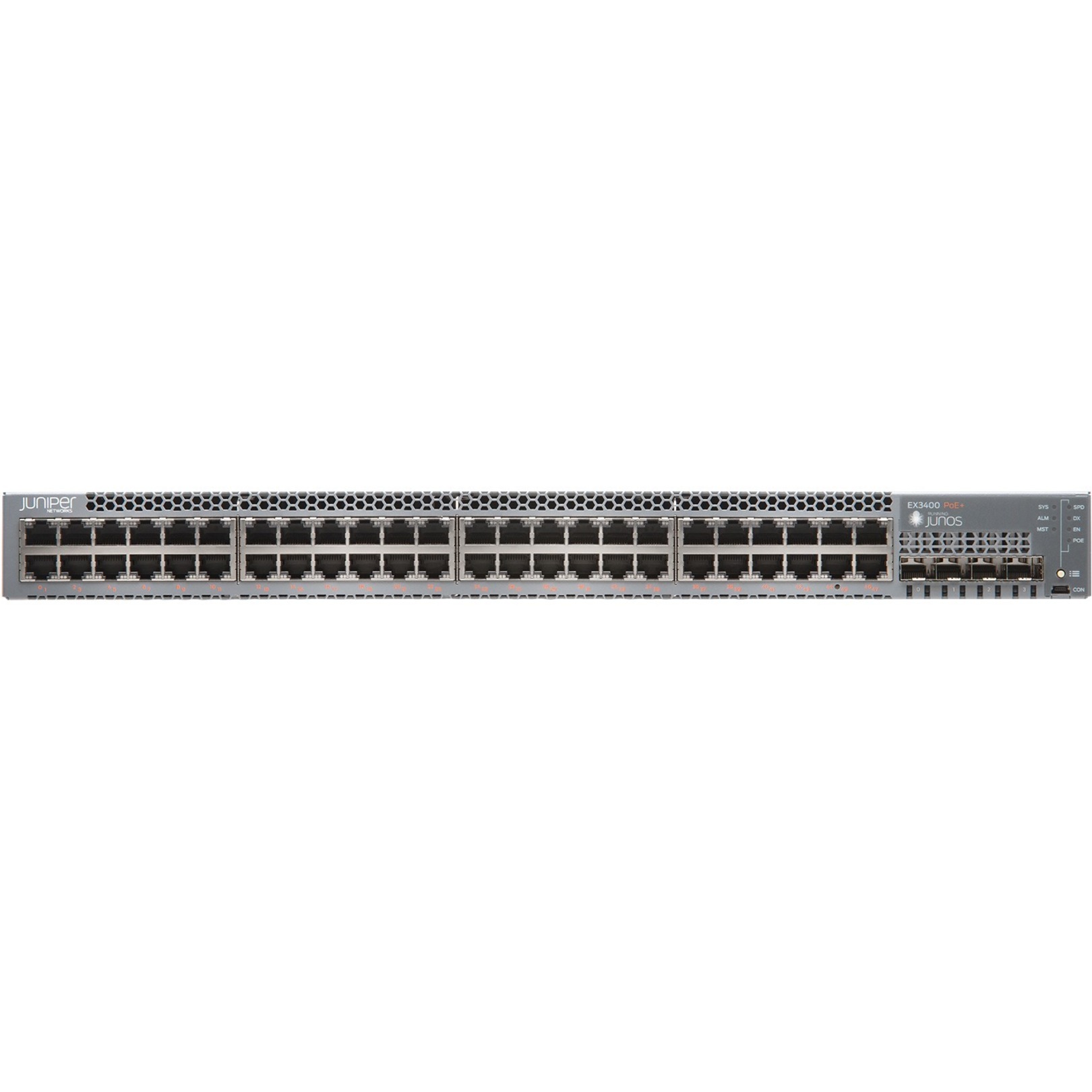 Juniper EX3400-48T Ethernet Switch - 48 Ports - Manageable - Gigabit Ethernet, 10 Gigabit Ethernet, 40 Gigabit Ethernet - 40GBase-X, 10GBase-X, 1000Base-T - 3 Layer Supported - Modular - Twisted Pair, Optical Fiber - 1U - Rack-mountable, Wall Mountable - Lifetime Limited Warranty