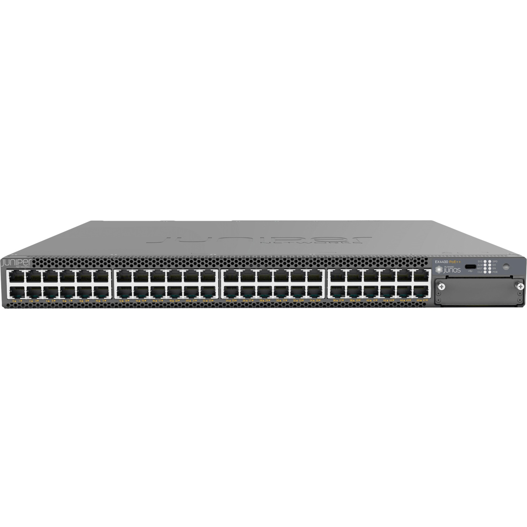 Juniper EX4400-48MP Ethernet Switch - 48 Ports - Manageable - 10 Gigabit Ethernet, 100 Gigabit Ethernet, 2.5 Gigabit Ethernet - 10GBase-T, 100Base-X, 2.5GBase-T - 3 Layer Supported - Modular - 2200 W PoE Budget - Twisted Pair, Optical Fiber - PoE Ports - 1U - Rack-mountable, Wall Mountable - 1 Year Limited Warranty