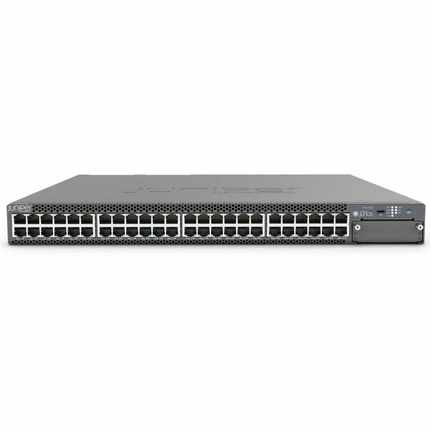 Juniper EX4400-48T Ethernet Switch - 48 Ports - Manageable - Gigabit Ethernet, 25 Gigabit Ethernet, 100 Gigabit Ethernet - 10/100/1000Base-T, 25GBase-X, 100GBase-X - 3 Layer Supported - Modular - Twisted Pair, Optical Fiber - 1U - Rack-mountable