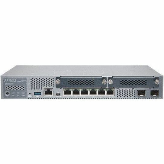 Juniper SRX320 Network Security/Firewall Appliance - Intrusion Prevention - 8 Port - 10/100/1000Base-T, 1000Base-X - Gigabit Ethernet - 1.86 Gbit/s Firewall Throughput - MD5, SHA-1, SHA-128, SHA-256, SHA-384 - 256 VPN - 6 x RJ-45 - 2 Total Expansion Slots - Wall Mountable, Desktop - TAA Compliant