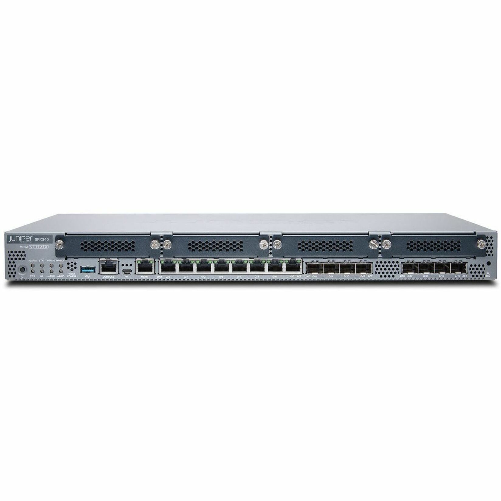 Juniper SRX340 Network Security/Firewall Appliance - Intrusion Prevention - 16 Port - 10/100/1000Base-T, 1000Base-X - Gigabit Ethernet - 4.59 Gbit/s Firewall Throughput - MD5, SHA-1, SHA-128, SHA-256, SHA-384 - 1024 VPN - 6 x RJ-45 - 8 Total Expansion Slots - 1U - Wall Mountable, Rack-mountable - TAA Compliant