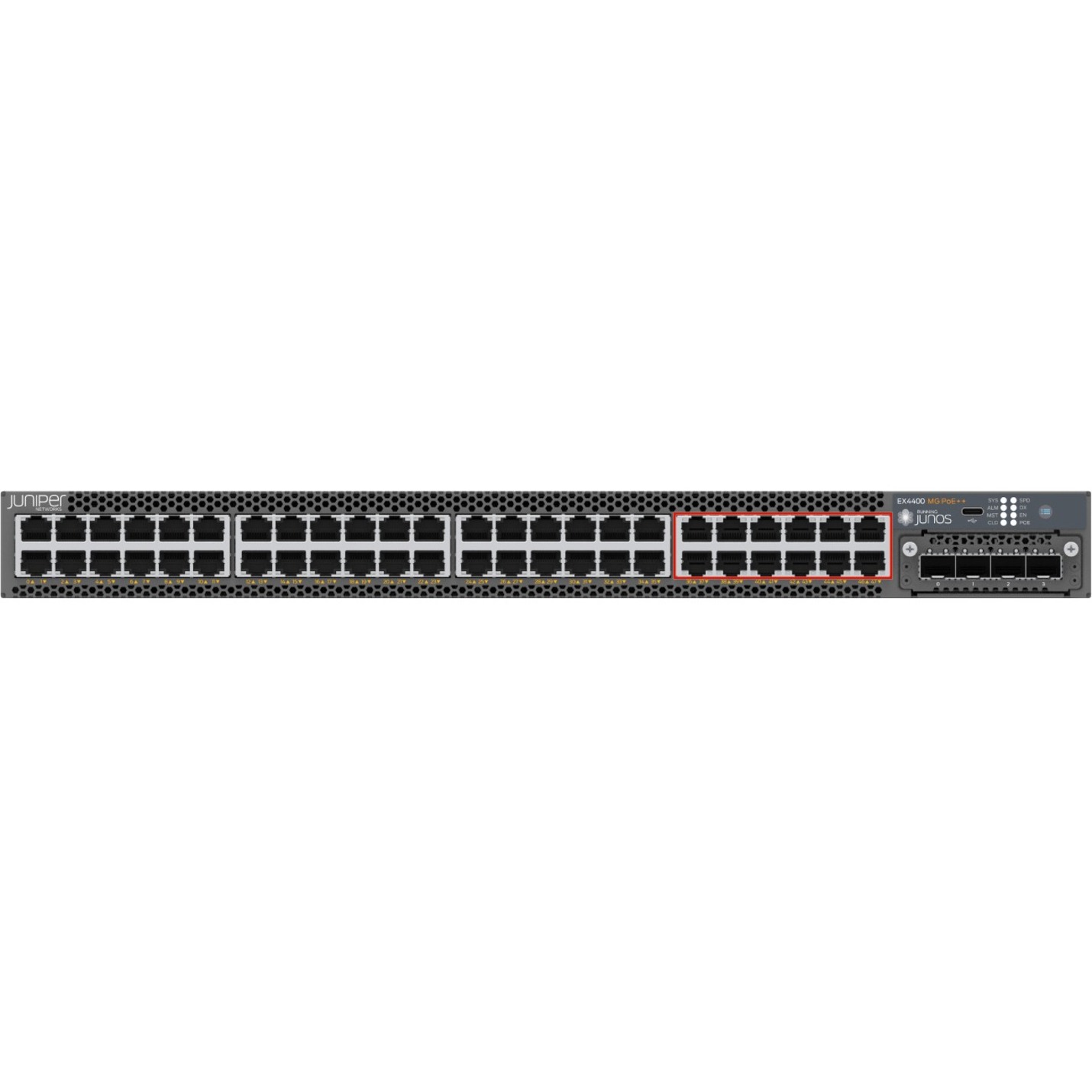 Juniper EX4400-48MP Ethernet Switch - 48 Ports - Manageable - 10 Gigabit Ethernet, 100 Gigabit Ethernet, 2.5 Gigabit Ethernet - 10GBase-T, 100Base-X, 2.5GBase-T - 3 Layer Supported - Modular - 2200 W PoE Budget - Twisted Pair, Optical Fiber - PoE Ports - 1U - Rack-mountable, Wall Mountable - TAA Compliant