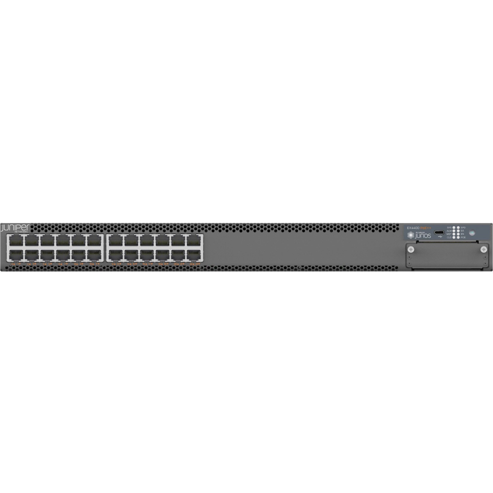 Juniper EX4400-24P Ethernet Switch - 24 Ports - Manageable - Gigabit Ethernet, 25 Gigabit Ethernet, 100 Gigabit Ethernet - 10/100/1000Base-T, 25GBase-X, 100GBase-X - 3 Layer Supported - Modular - 788 W PoE Budget - Twisted Pair, Optical Fiber - PoE Ports - 1U - Rack-mountable - 1 Year Limited Warranty
