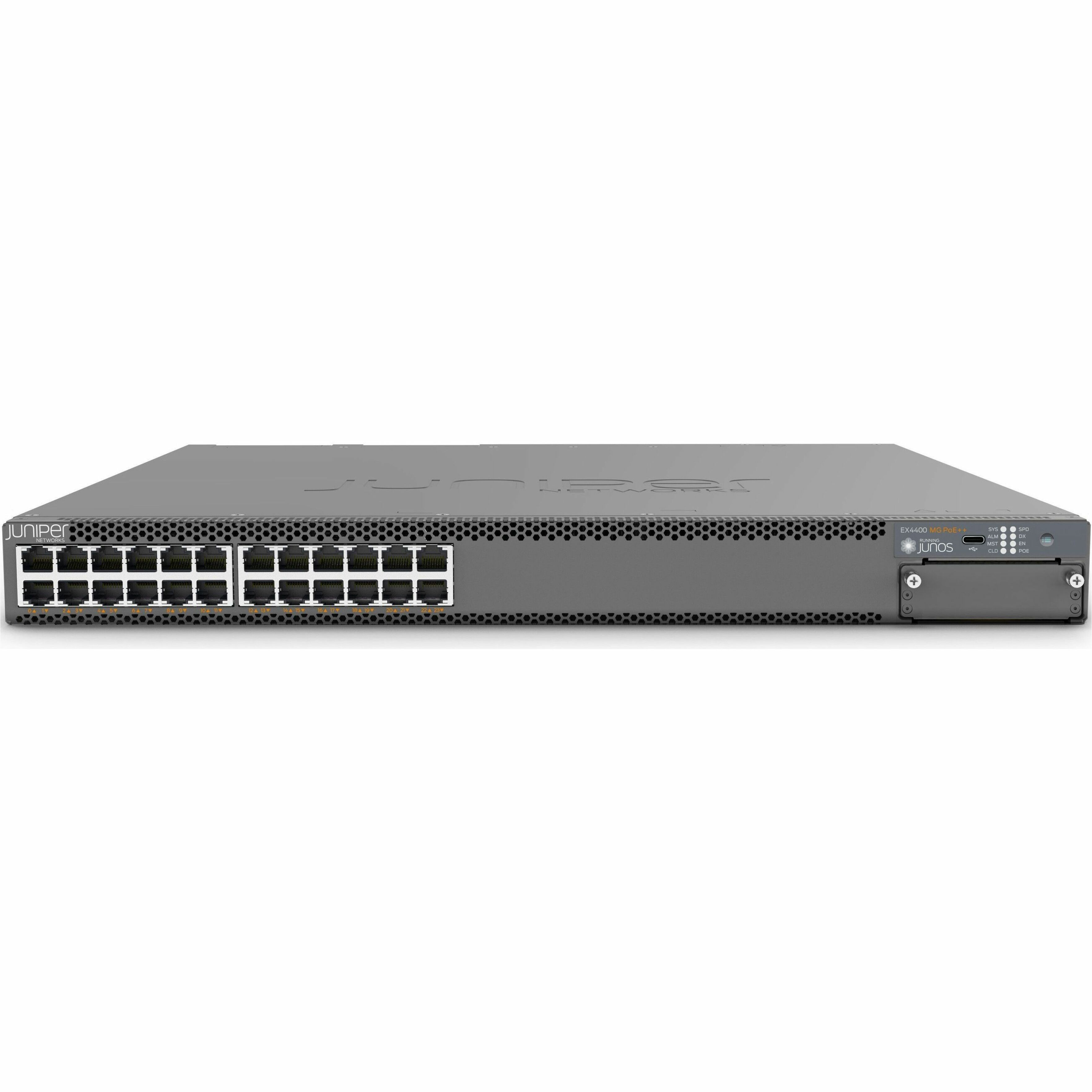 Juniper EX4400-24T-AFI Ethernet Switch - 24 Ports - Manageable - Gigabit Ethernet, 100 Gigabit Ethernet - 10/100/1000Base-T, 100GBase-X - 3 Layer Supported - Modular - Twisted Pair, Optical Fiber - 1U - Rack-mountable - 1 Year Limited Warranty