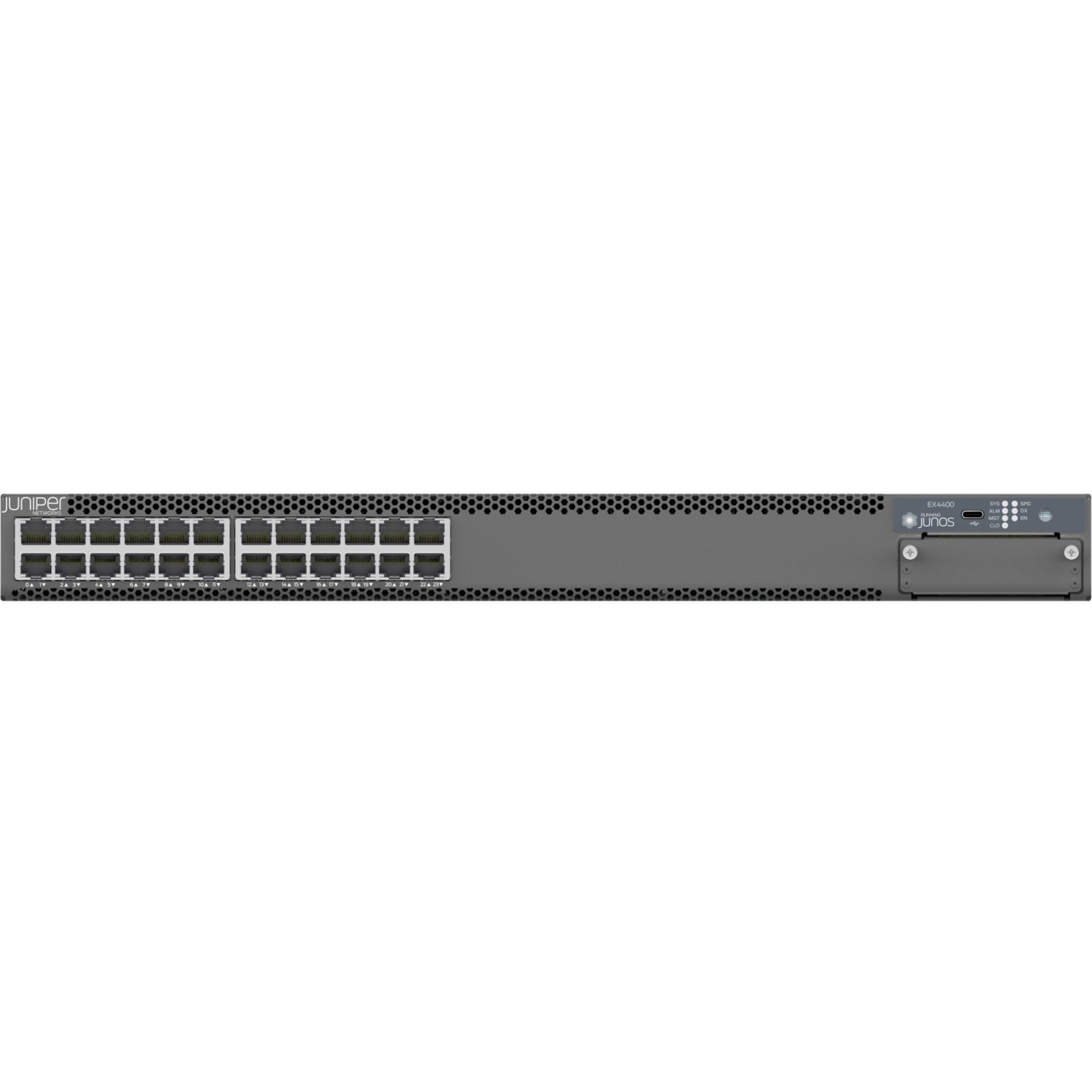 Juniper EX4400-24T Ethernet Switch - 24 Ports - Manageable - Gigabit Ethernet, 25 Gigabit Ethernet, 100 Gigabit Ethernet - 10/100/1000Base-T, 25GBase-X, 100GBase-X - 3 Layer Supported - Modular - Twisted Pair, Optical Fiber - 1U - Rack-mountable - 1 Year Limited Warranty