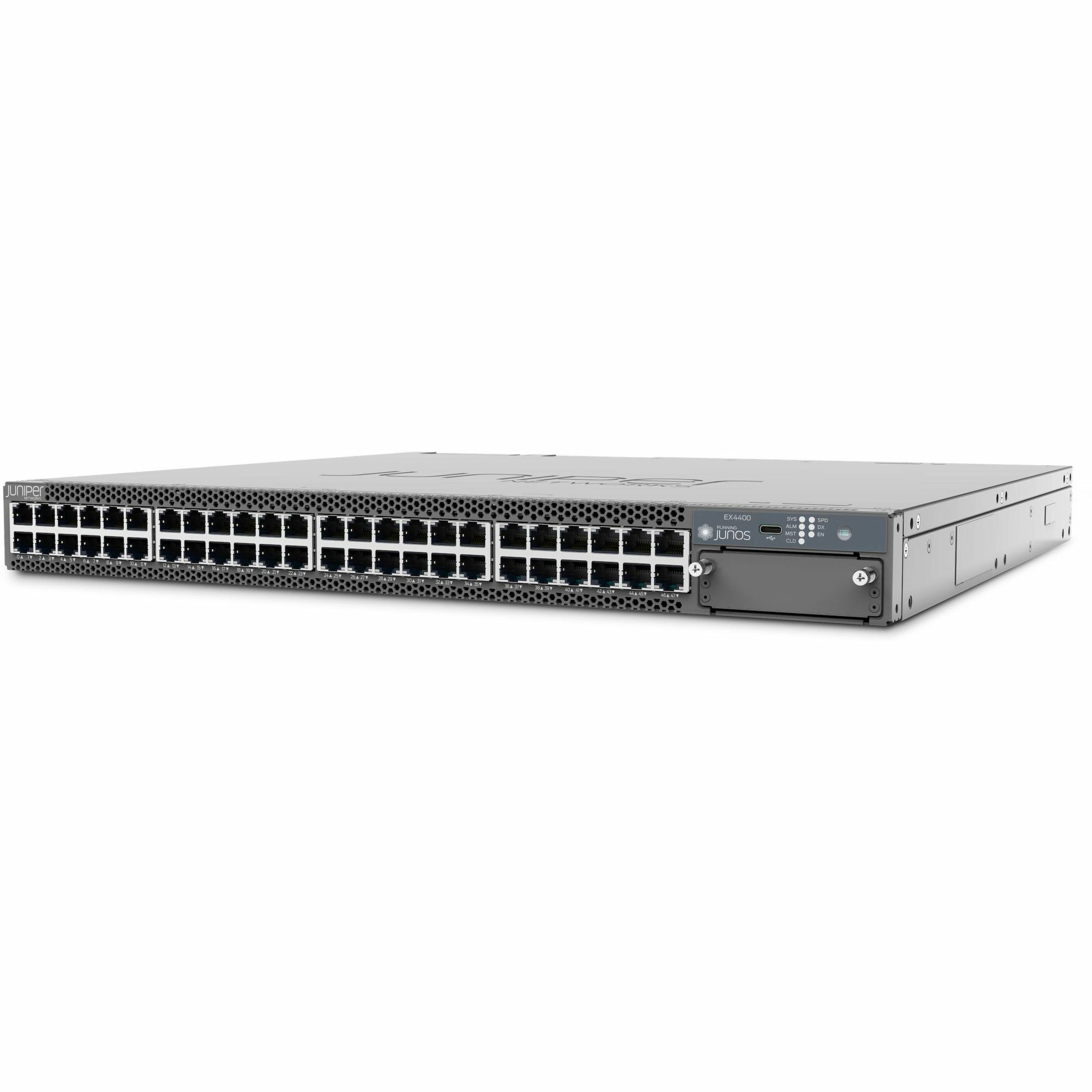 Juniper EX4400-48T-DC Ethernet Switch - 48 Ports - Manageable - Gigabit Ethernet, 25 Gigabit Ethernet, 100 Gigabit Ethernet - 10/100/1000Base-T, 25GBase-X, 100GBase-X - 3 Layer Supported - Modular - Twisted Pair, Optical Fiber - 1U - Rack-mountable - 1 Year Limited Warranty