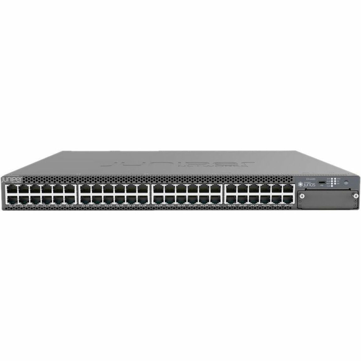 Juniper EX4400-48T-DC-AFI Ethernet Switch - 48 Ports - Manageable - Gigabit Ethernet, 25 Gigabit Ethernet, 100 Gigabit Ethernet - 10/100/1000Base-T, 25GBase-X, 100GBase-X - 3 Layer Supported - Modular - Twisted Pair, Optical Fiber - 1U - Rack-mountable - 1 Year Limited Warranty