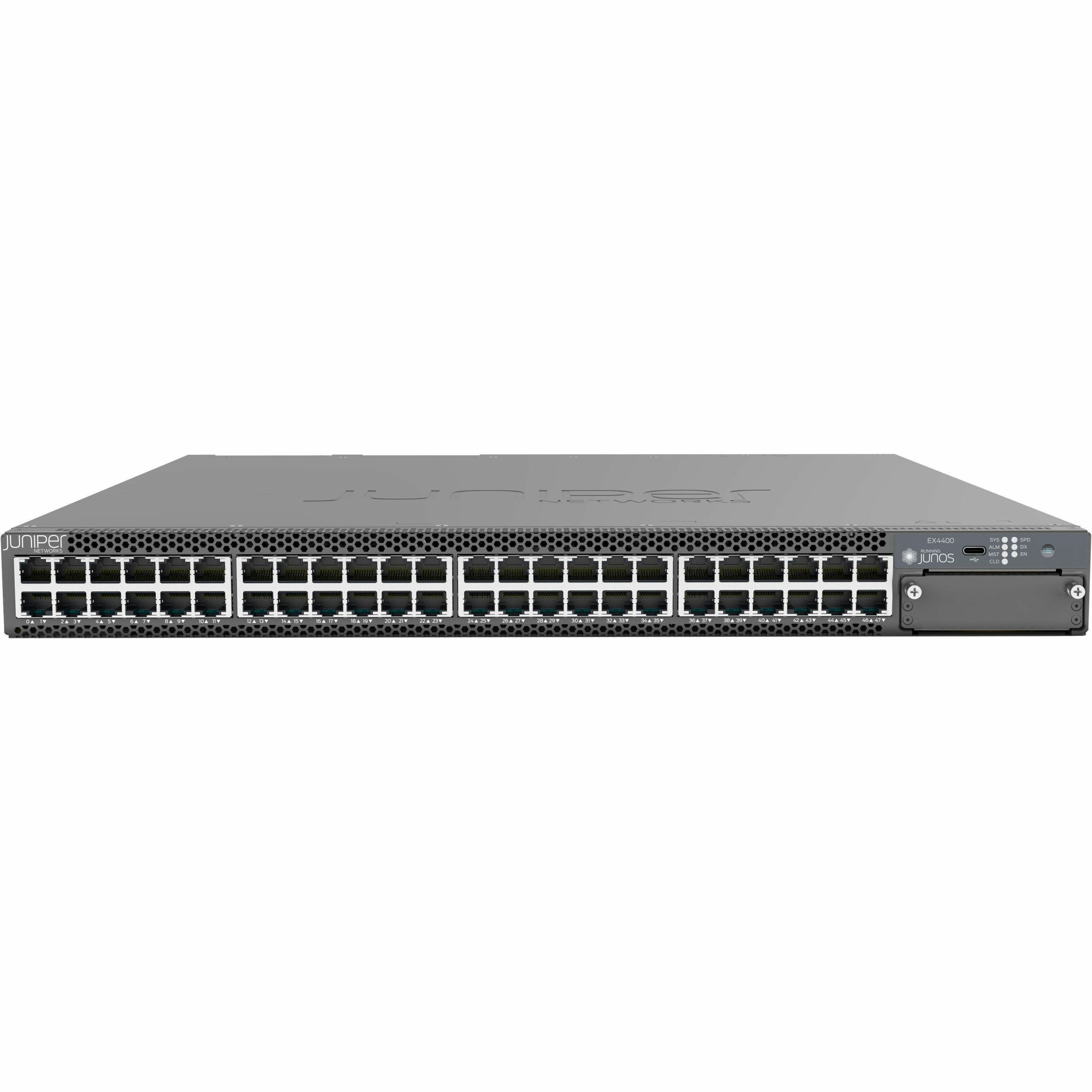 Juniper EX4400-48T-DC-AFI Ethernet Switch - 48 Ports - Manageable - Gigabit Ethernet, 25 Gigabit Ethernet, 100 Gigabit Ethernet - 10/100/1000Base-T, 25GBase-X, 100GBase-X - 3 Layer Supported - Modular - Twisted Pair, Optical Fiber - 1U - Rack-mountable - 1 Year Limited Warranty