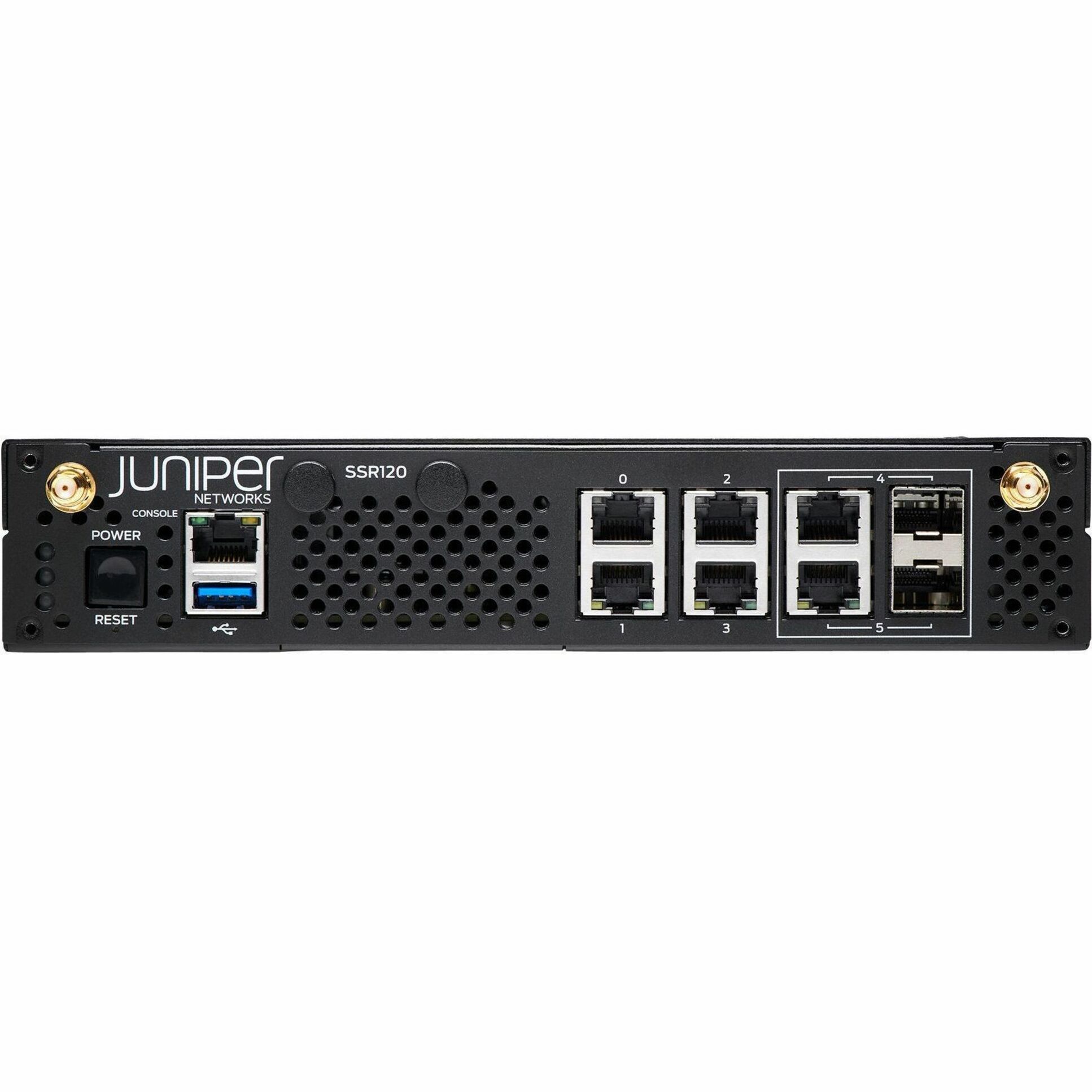 Juniper SSR120 Router - 6 Ports - 4 RJ-45 Port(s) - 2 SFP Slots - 8 GB - Gigabit Ethernet - Desktop - 1 Year - front view