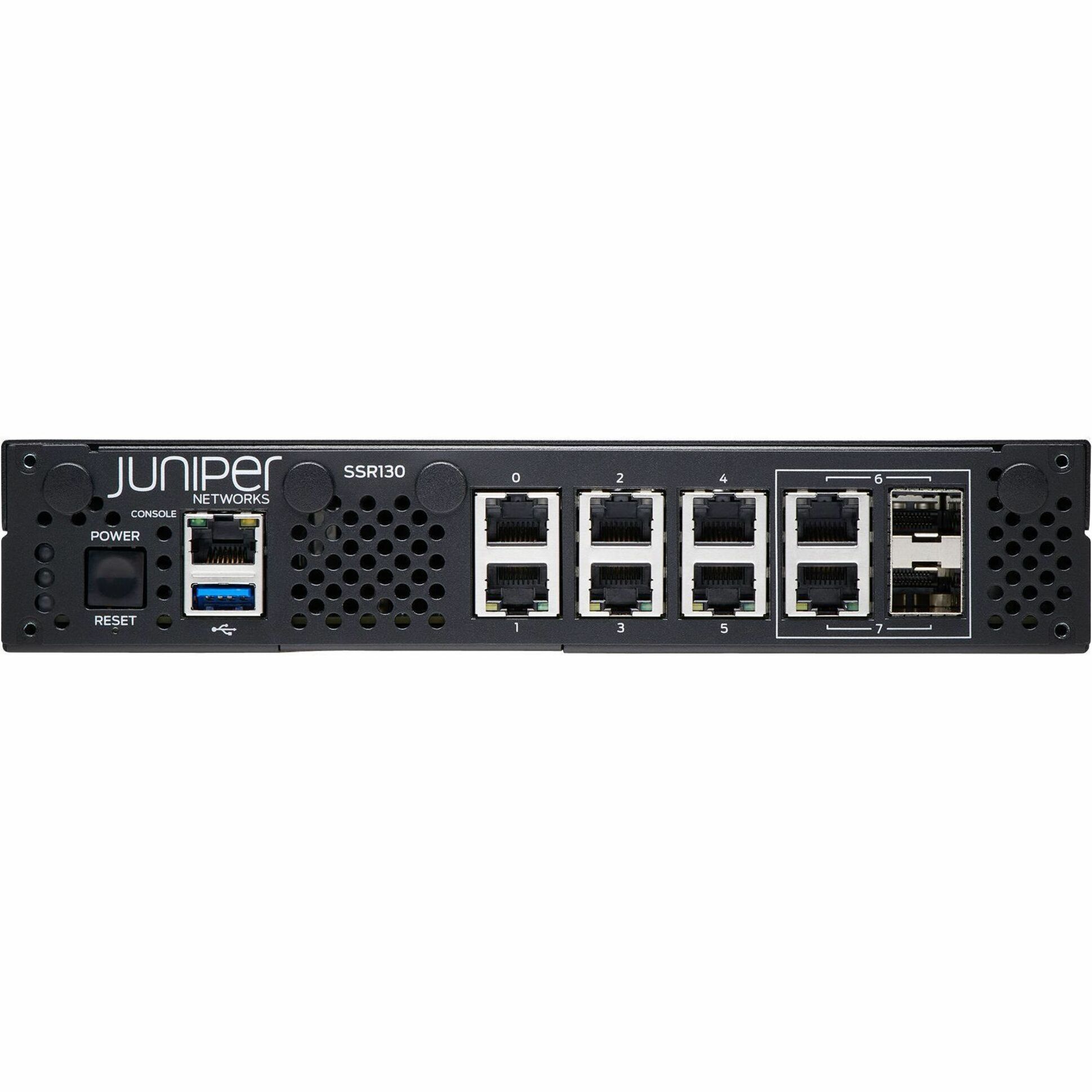 Juniper SSR130 Router - 8 Ports - 6 RJ-45 Port(s) - 2 SFP Slots - 16 GB - Gigabit Ethernet - Desktop - 1 Year - front view