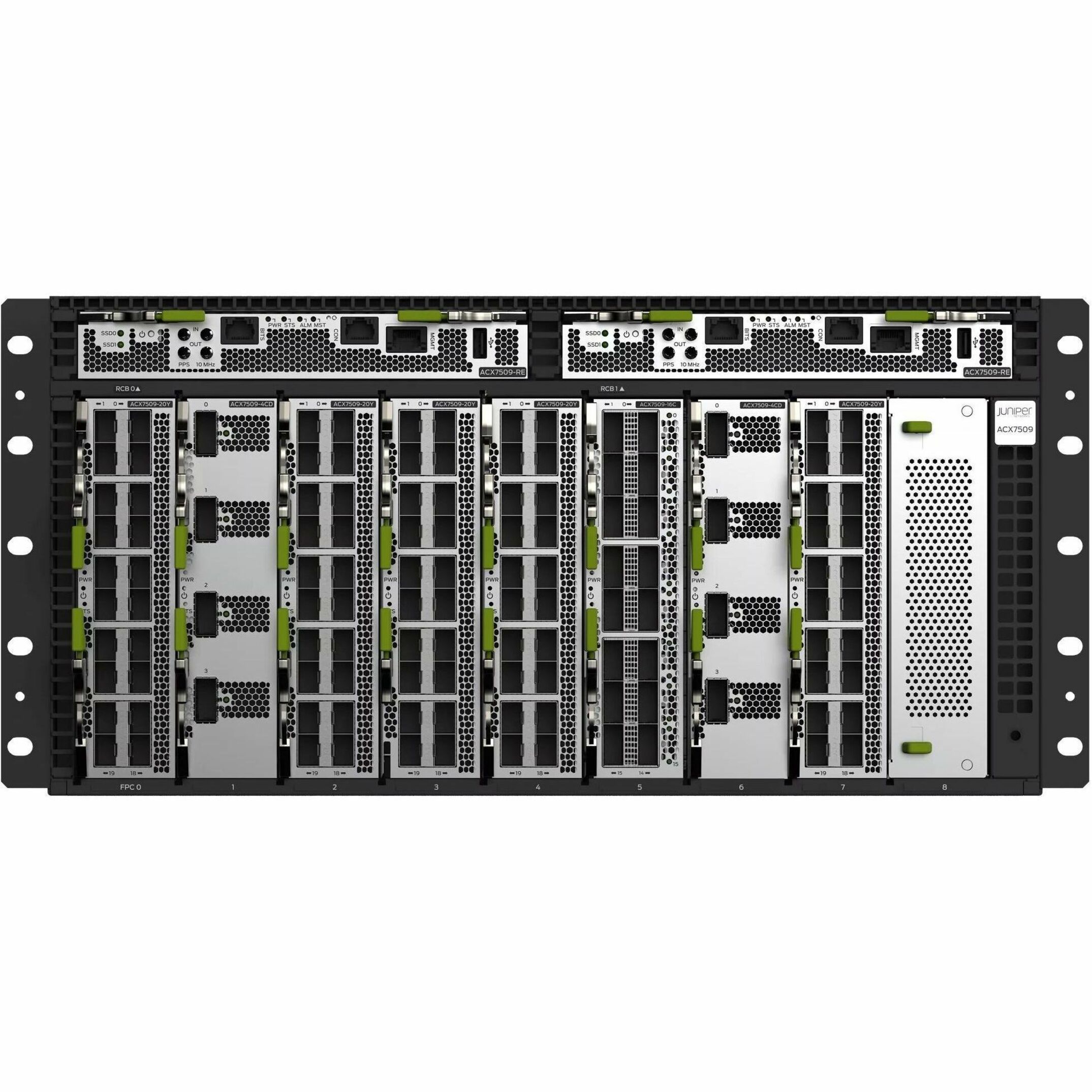 Juniper ACX7509 Router Chassis - 8 SFP (mini-GBIC) Slots, SFP+ Slots, QSFP28 Slots, QSFP56 Slots, QSFP56-DD Slots, SFP56 Slots, QSFP28-DD Slots, QSFP+ Slots, SFP28 Slots - 400 Gigabit Ethernet - IEEE 802.1ad, IEEE 802.1Q, IEEE 802.3ad - 5U - Rack-mountable, Cabinet Mount - 1 Year