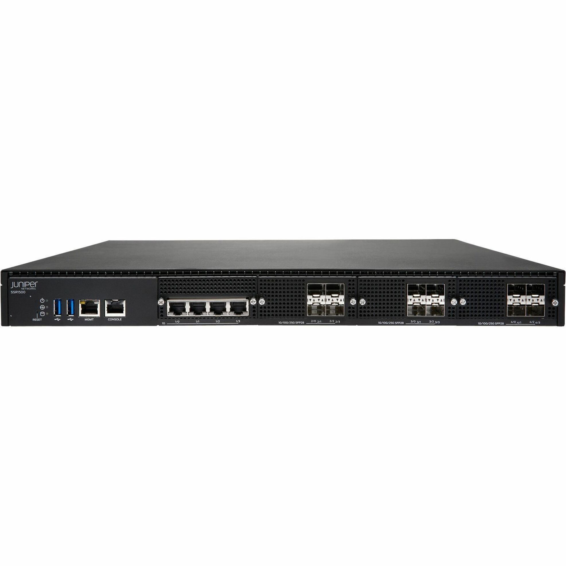 Juniper SSR1500 Router - 4 Ports - 4 RJ-45 Port(s) - 12 SFP28 Slots - 25 Gigabit Ethernet - 1U - Rack-mountable - 1 Year