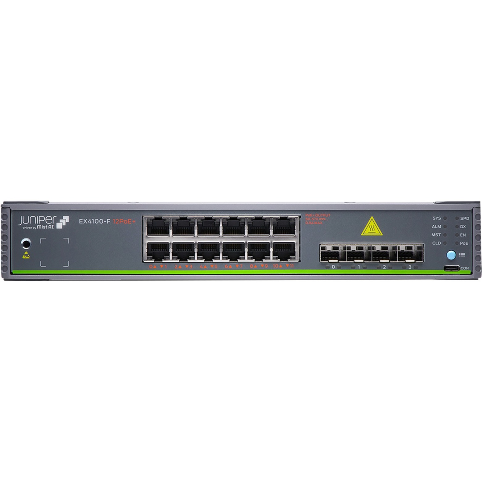 Juniper EX4100-F-12P Ethernet Switch - 12 Ports - Manageable - Gigabit Ethernet, 10 Gigabit Ethernet - 10/100/1000Base-T, 10GBase-T, 10GBase-X - 3 Layer Supported - Modular - 80 W Power Consumption - 300 W PoE Budget - Twisted Pair, Optical Fiber - PoE Ports - 1U - Rack-mountable, Wall Mountable, DIN Rail Mountable - Lifetime Limited Warranty