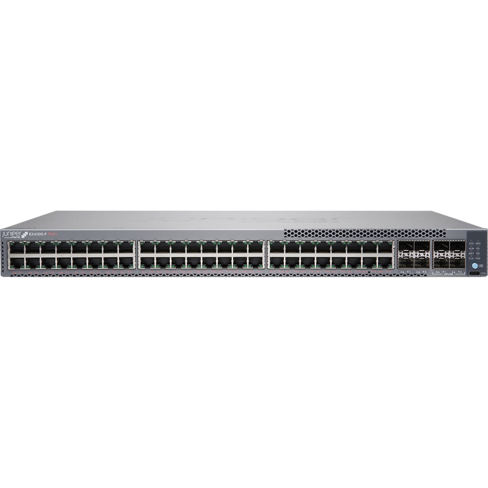 Juniper EX4100-F-48P Ethernet Switch - 48 Ports - Manageable - Gigabit Ethernet, 10 Gigabit Ethernet - 10/100/1000Base-T, 10GBase-X - 3 Layer Supported - Modular - 100 W Power Consumption - 740 W PoE Budget - Twisted Pair, Optical Fiber - PoE Ports - 1U - Rack-mountable, Wall Mountable - Lifetime Limited Warranty - TAA Compliant