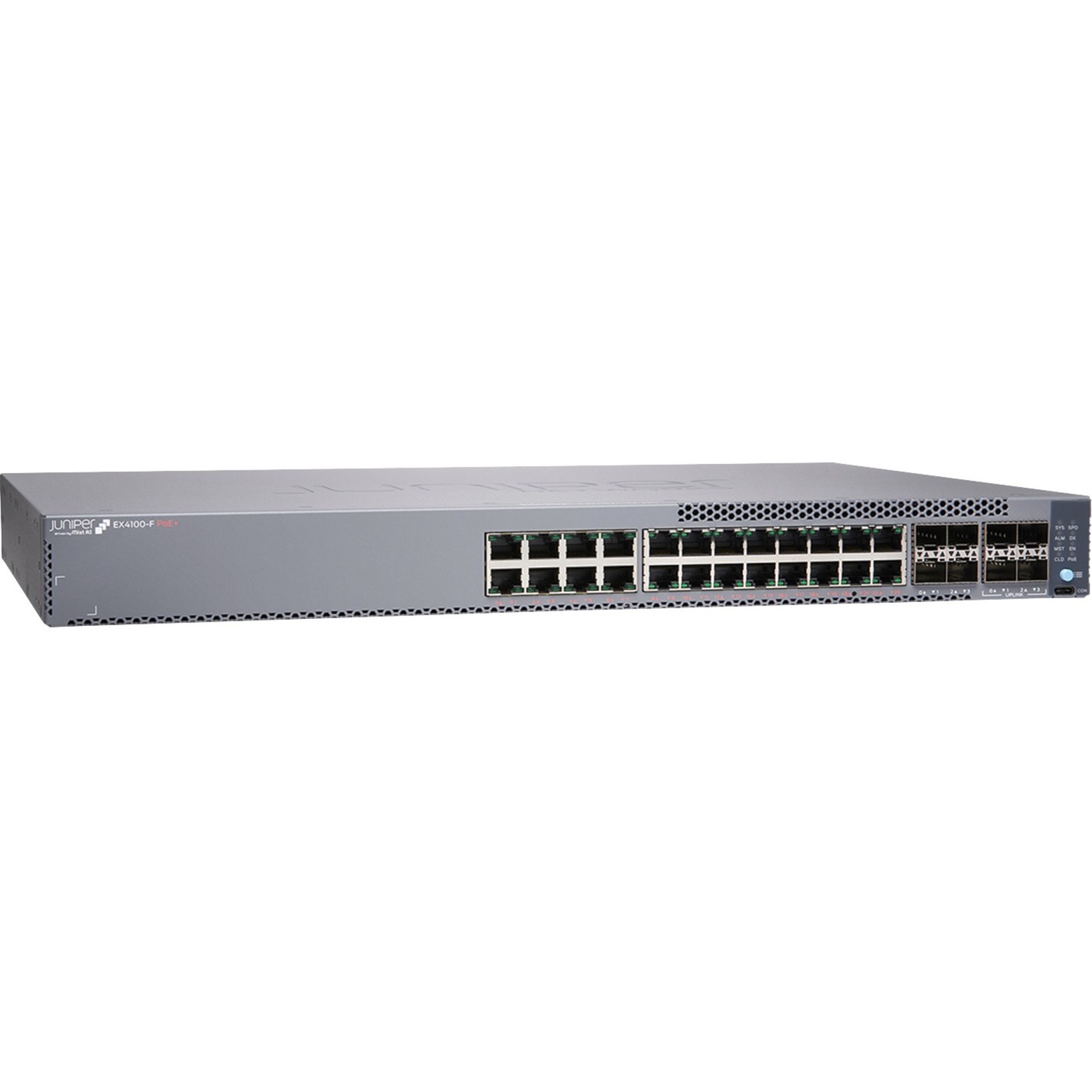 Juniper EX4100-F-24P Ethernet Switch - 24 Ports - Manageable - Gigabit Ethernet, 10 Gigabit Ethernet - 10/100/1000Base-T, 10GBase-X - 3 Layer Supported - Modular - 80 W Power Consumption - 370 W PoE Budget - Twisted Pair, Optical Fiber - PoE Ports - 1U - Rack-mountable, Wall Mountable - Lifetime Limited Warranty - TAA Compliant
