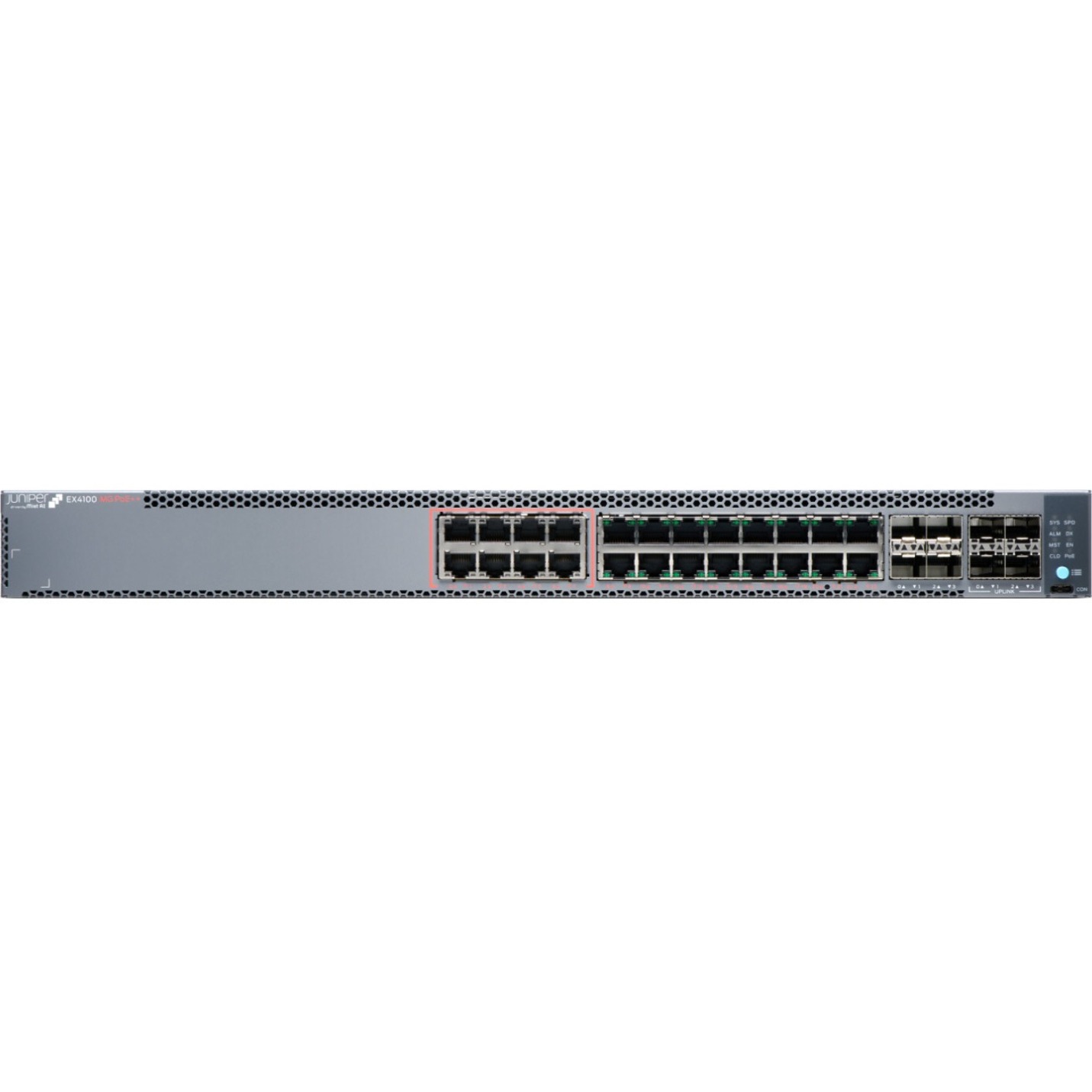 Juniper EX4100-24MP Ethernet Switch - 24 Ports - Manageable - 10 Gigabit Ethernet, Gigabit Ethernet, 25 Gigabit Ethernet - 10/100/1000Base-T, 10GBase-T, 10GBase-X, 25GBase-X - 3 Layer Supported - Modular - 740 W PoE Budget - Optical Fiber, Twisted Pair - PoE Ports - 1U - Rack-mountable, Wall Mountable - Lifetime Limited Warranty - TAA Compliant
