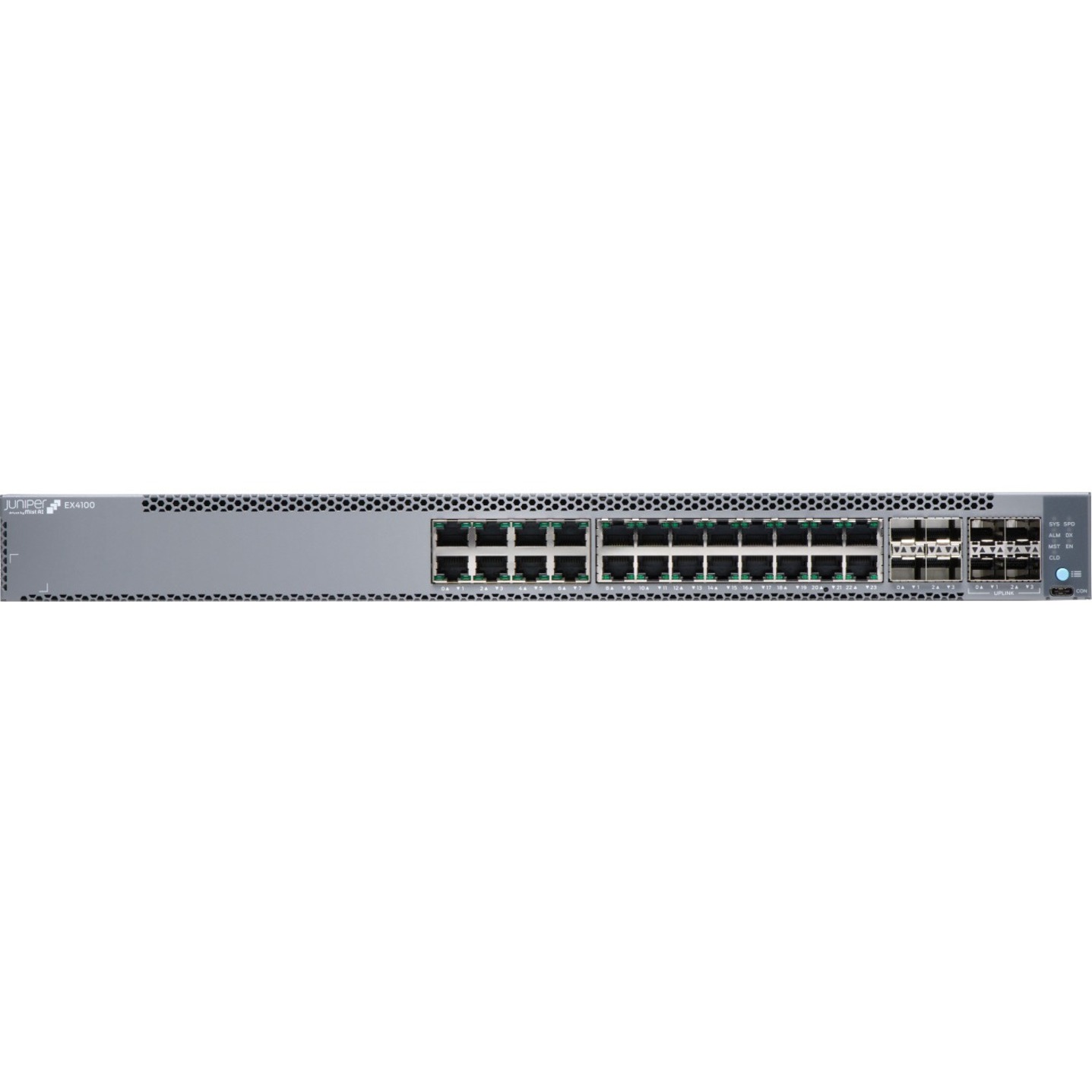 Juniper EX4100-24T-DC Ethernet Switch - 24 Ports - Manageable - 10 Gigabit Ethernet, Gigabit Ethernet, 25 Gigabit Ethernet - 10/100/1000Base-T, 10GBase-X, 25GBase-X - 3 Layer Supported - Modular - Optical Fiber, Twisted Pair - 1U - Rack-mountable, Wall Mountable - Lifetime Limited Warranty - TAA Compliant