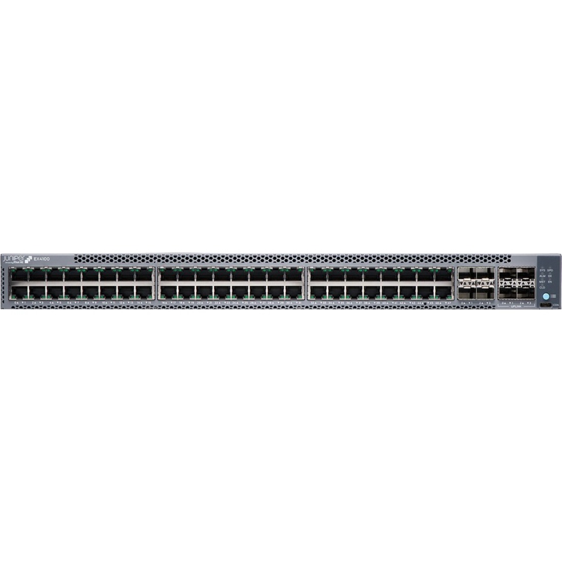 Juniper EX4100-48T Ethernet Switch - 48 Ports - Manageable - 10 Gigabit Ethernet, Gigabit Ethernet, 25 Gigabit Ethernet - 10/100/1000Base-T, 10GBase-X, 25GBase-X - 3 Layer Supported - Modular - Optical Fiber, Twisted Pair - 1U - Rack-mountable, Wall Mountable - Lifetime Limited Warranty - TAA Compliant