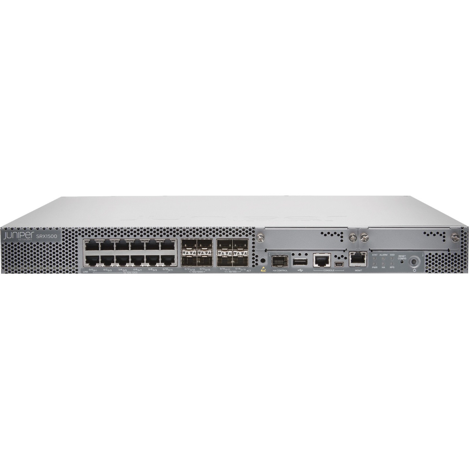 Juniper SRX1500 Network Security/Firewall Appliance - 12 Port - 10GBase-X, 10/100/1000Base-T - 10 Gigabit Ethernet - SSL, DES-CBC, 3DES, AEC-CBC, AES-GCM, MD5, SHA-1, SHA-256, SHA-384, SHA-128 - 2000 VPN - 12 x RJ-45 - 5 Total Expansion Slots - 1U - Rack-mountable - TAA Compliant