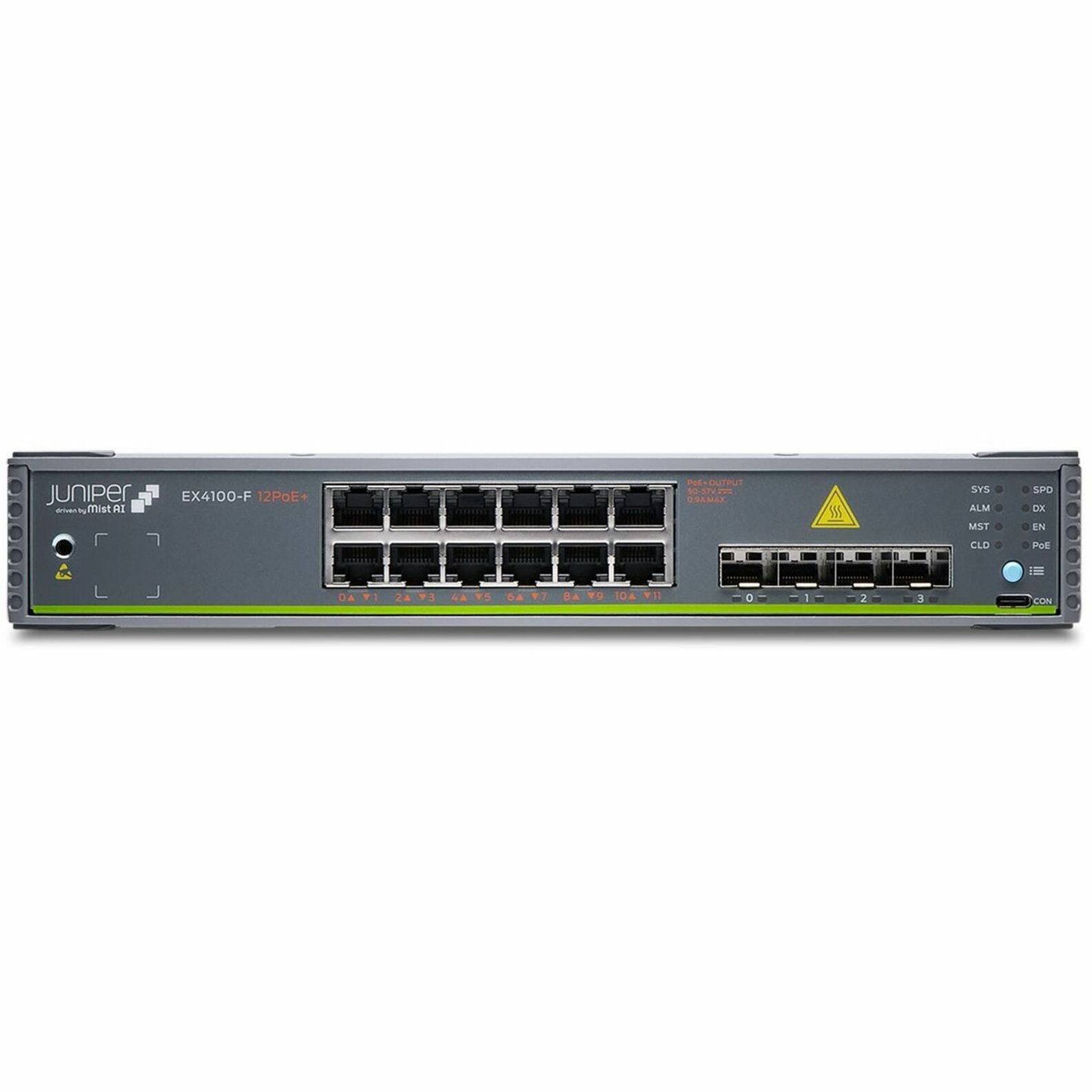 Juniper EX4100-F-12P Ethernet Switch - 12 Ports - Manageable - Gigabit Ethernet, 10 Gigabit Ethernet - 10/100/1000Base-T, 10GBase-T, 10GBase-X - 3 Layer Supported - Modular - 80 W Power Consumption - 300 W PoE Budget - Twisted Pair, Optical Fiber - PoE Ports - 1U - Rack-mountable, Wall Mountable, DIN Rail Mountable, Desktop - Lifetime Limited Warranty - TAA Compliant