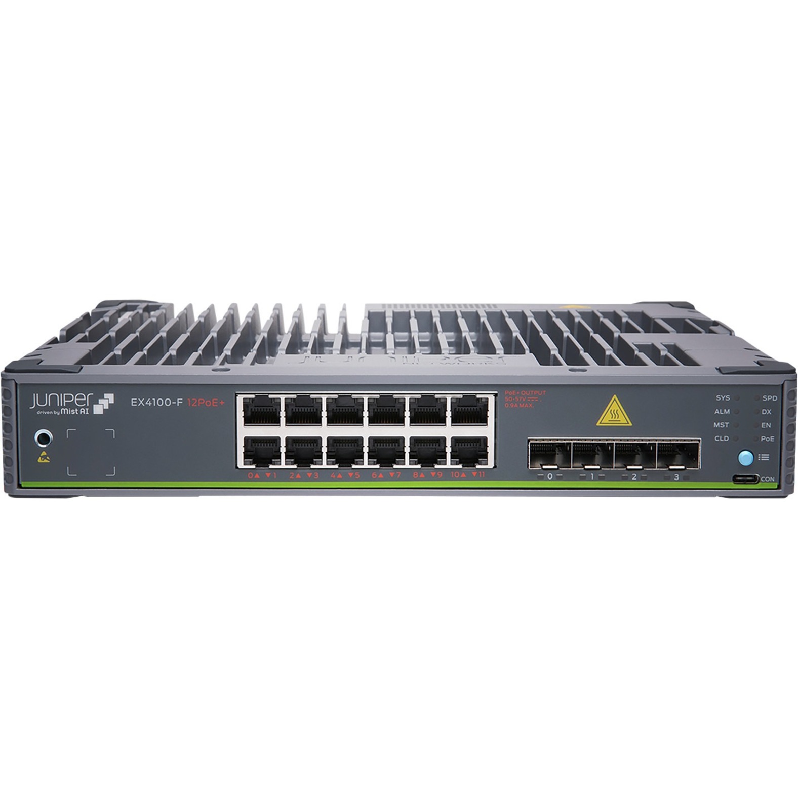 Juniper EX4100-F-12T Ethernet Switch - 12 Ports - Manageable - Gigabit Ethernet, 10 Gigabit Ethernet - 10/100/1000Base-T, 10GBase-T, 10GBase-X - 3 Layer Supported - Modular - 55 W Power Consumption - Twisted Pair, Optical Fiber - 1U - Rack-mountable, Wall Mountable, DIN Rail Mountable - Lifetime Limited Warranty - TAA Compliant