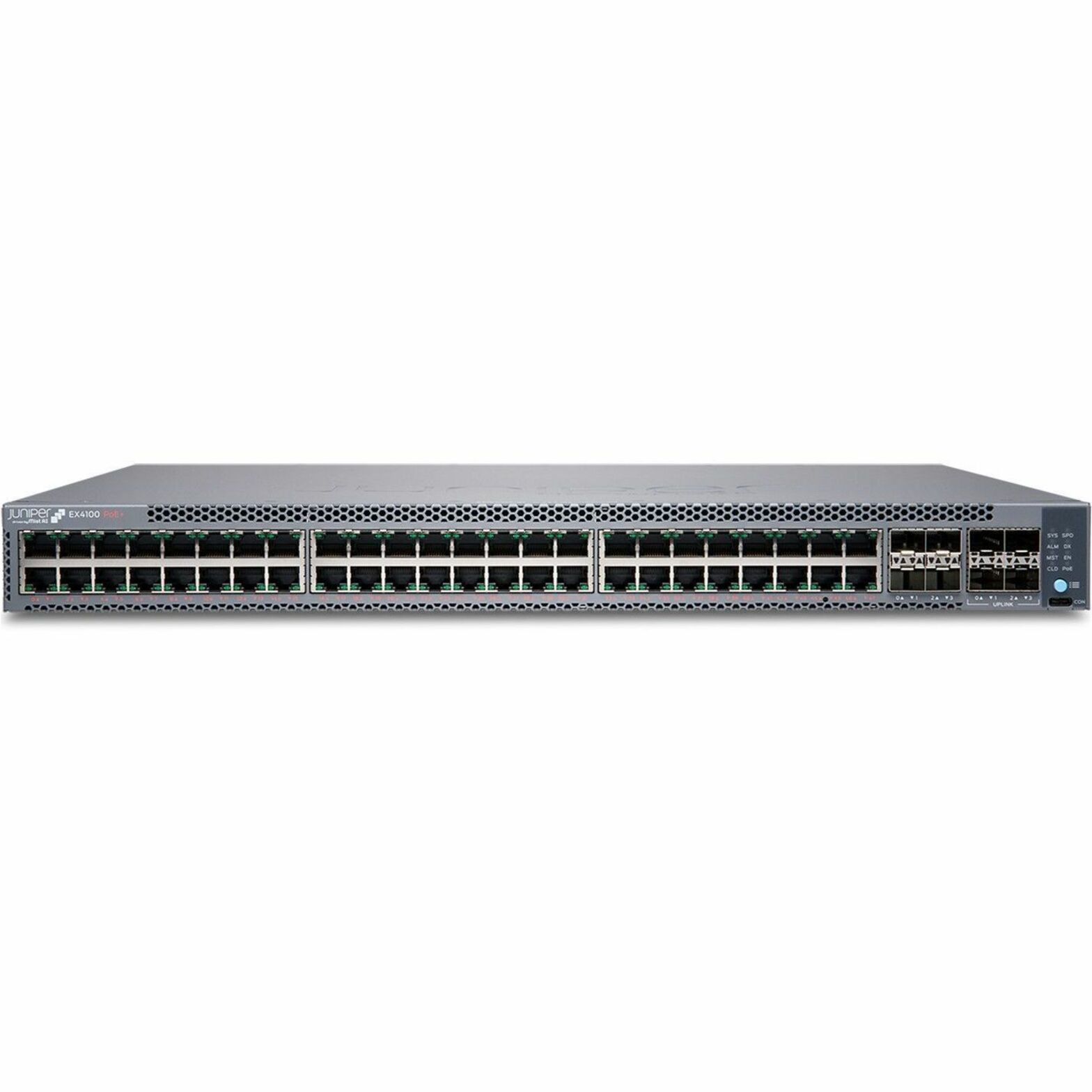 Juniper EX4100-48MP Ethernet Switch - 48 Ports - Manageable - 10 Gigabit Ethernet, Gigabit Ethernet, 25 Gigabit Ethernet, 2.5 Gigabit Ethernet - 10/100/1000Base-T, 2.5GBase-T, 10GBase-X, 25GBase-X - 3 Layer Supported - Modular - 740 W PoE Budget - Optical Fiber, Twisted Pair - PoE Ports - 1U - Rack-mountable, Wall Mountable - Lifetime Limited Warranty - TAA Compliant