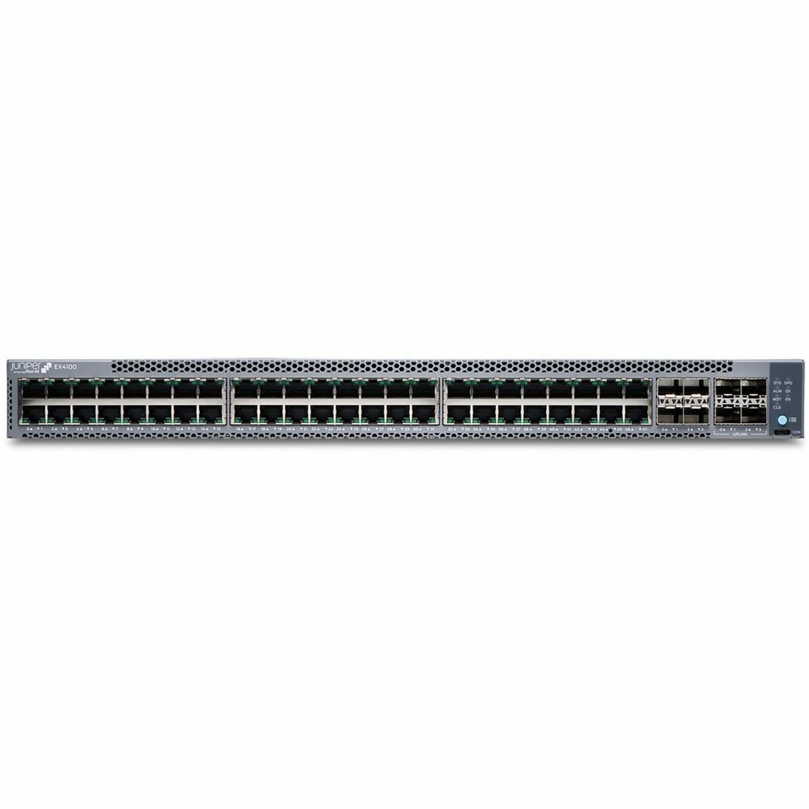Juniper EX4100-48T Ethernet Switch - 48 Ports - Manageable - 10 Gigabit Ethernet, Gigabit Ethernet, 25 Gigabit Ethernet - 10/100/1000Base-T, 10GBase-X, 25GBase-X - 3 Layer Supported - Modular - Optical Fiber, Twisted Pair - 1U - Rack-mountable, Wall Mountable - Lifetime Limited Warranty - TAA Compliant