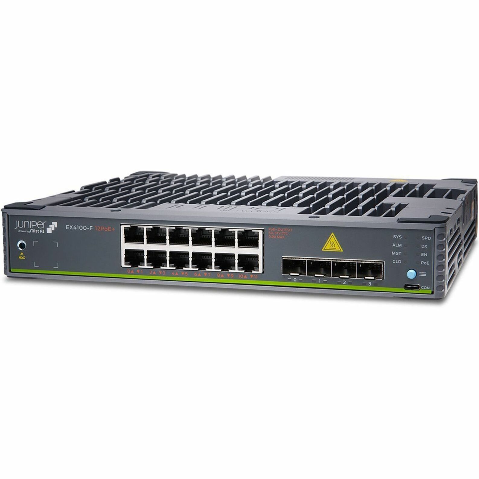 Juniper EX4100-F-12P Ethernet Switch - 12 Ports - Manageable - Gigabit Ethernet, 10 Gigabit Ethernet - 10/100/1000Base-T, 10GBase-T, 10GBase-X - 3 Layer Supported - Modular - 80 W Power Consumption - 300 W PoE Budget - Twisted Pair, Optical Fiber - PoE Ports - 1U - Rack-mountable, Wall Mountable, DIN Rail Mountable - Lifetime Limited Warranty