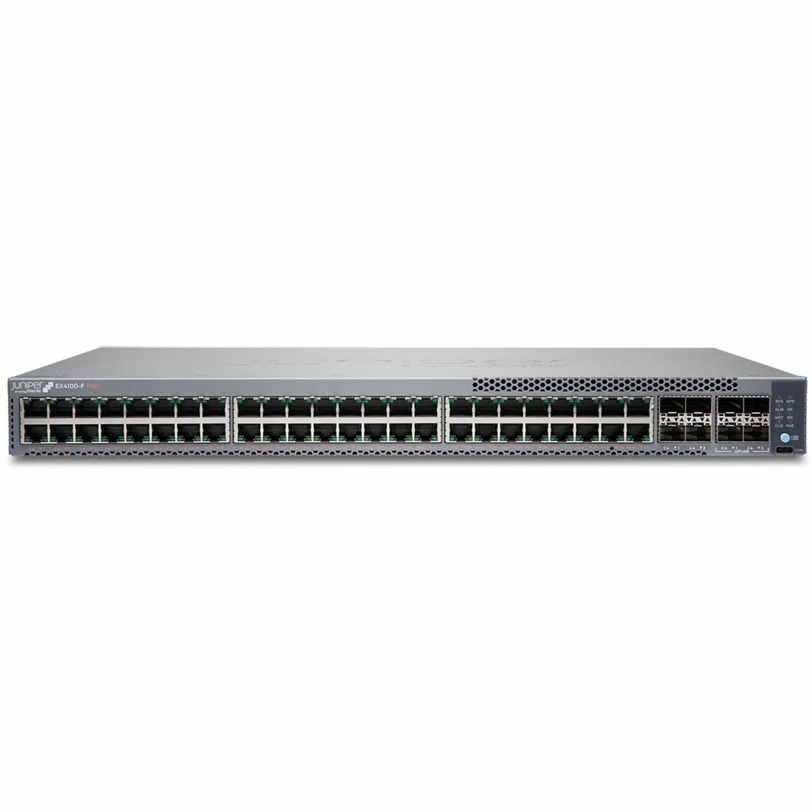 Juniper EX4100-F-48P Ethernet Switch - 48 Ports - Manageable - Gigabit Ethernet, 10 Gigabit Ethernet - 10/100/1000Base-T, 10GBase-X - 3 Layer Supported - Modular - 100 W Power Consumption - 740 W PoE Budget - Twisted Pair, Optical Fiber - PoE Ports - 1U - Rack-mountable, Wall Mountable - Lifetime Limited Warranty - TAA Compliant