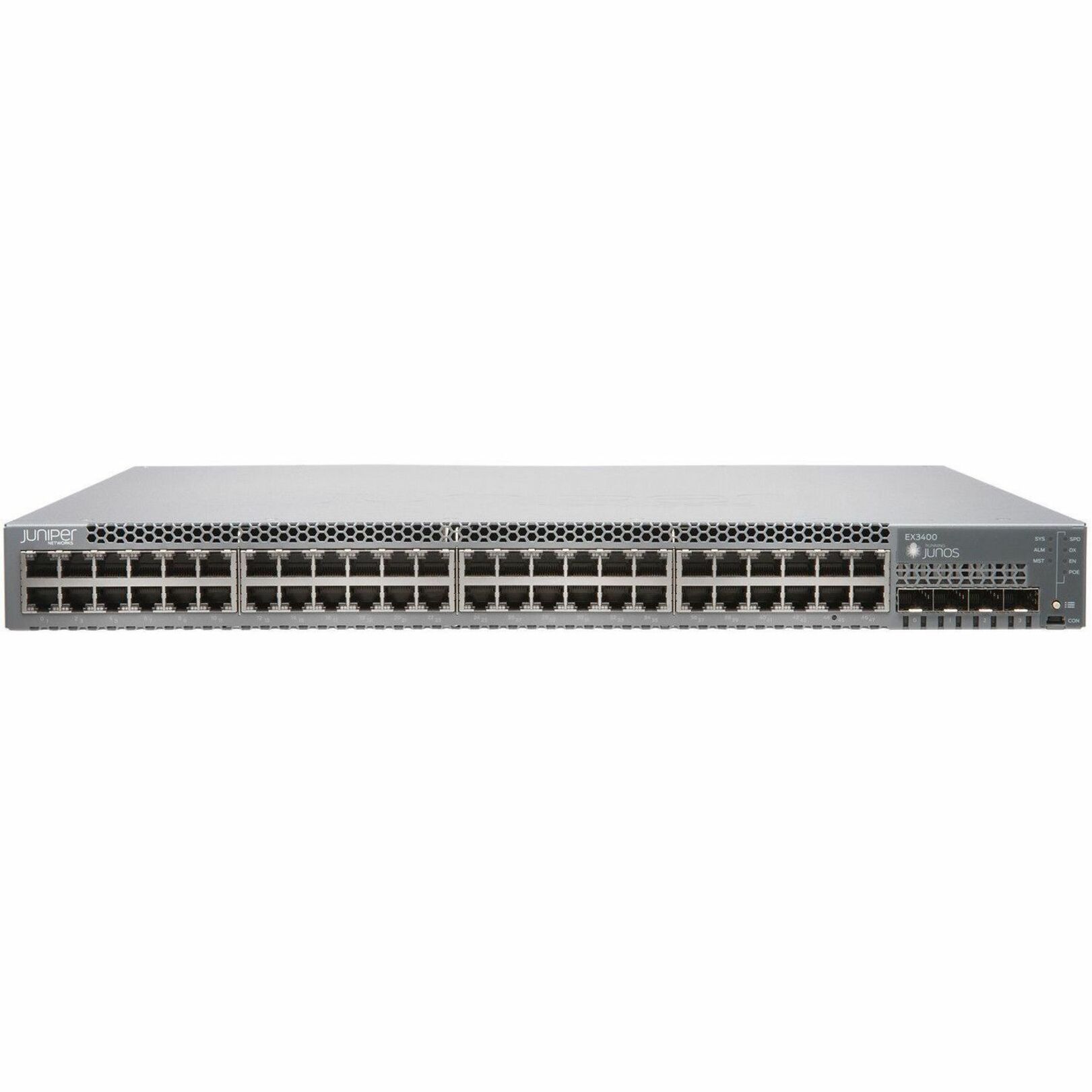 Juniper EX3400 EX3400-48P Ethernet Switch - 48 Ports - Manageable - Gigabit Ethernet - 10/100/1000Base-T, 1000Base-X - 3 Layer Supported - Modular - 120 W Power Consumption - 1440 W PoE Budget - Twisted Pair, Optical Fiber - PoE Ports - 1U - Rack-mountable, Wall Mountable - Lifetime Limited Warranty
