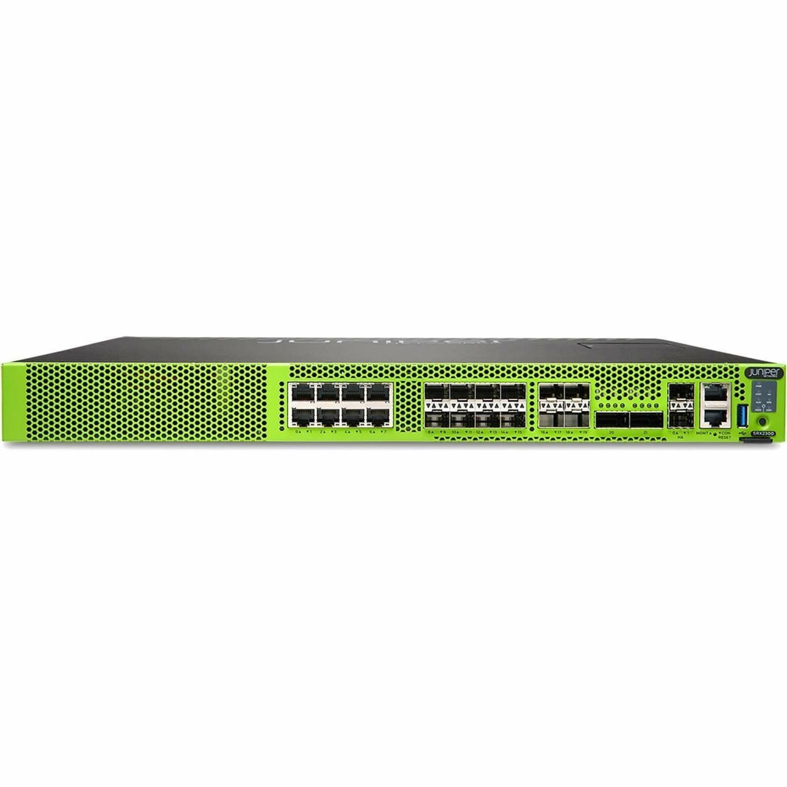 Juniper SRX2300 High Availability Firewall - Intrusion Prevention - 8 Port - 10GBase-T, 10GBase-X, 100GBase-X - 100 Gigabit Ethernet - 39 Gbit/s Firewall Throughput - SSL, DES-CBC, AEC-CBC, AES-GCM, MD5, SHA-256, SHA-196, 3DES-CBC - 8 x RJ-45 - 12 Total Expansion Slots - 1U - Rack-mountable - TAA Compliant