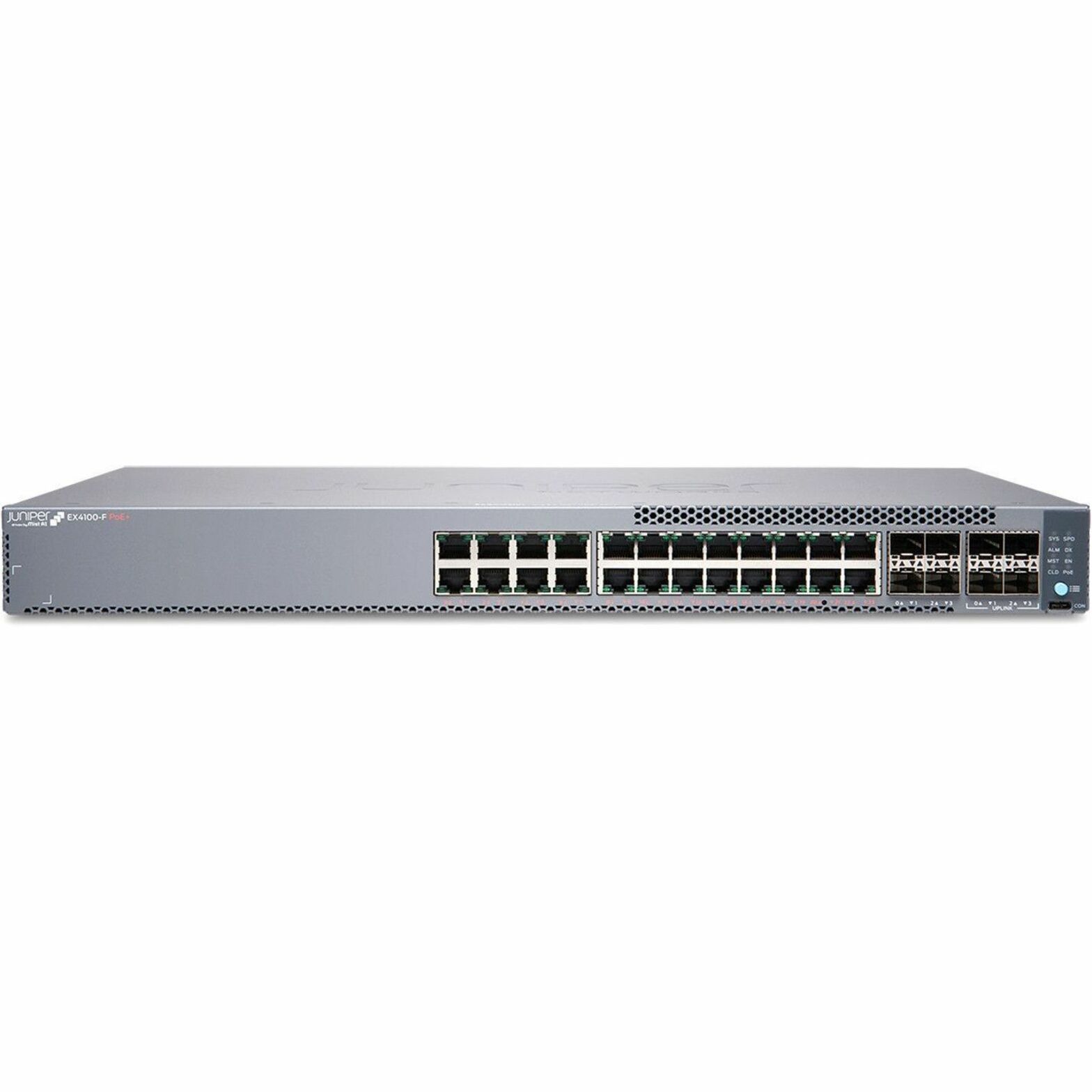 Juniper EX4100-F-24P Ethernet Switch - 24 Ports - Manageable - Gigabit Ethernet, 10 Gigabit Ethernet - 10/100/1000Base-T, 10GBase-X - 3 Layer Supported - Modular - 80 W Power Consumption - 370 W PoE Budget - Optical Fiber, Twisted Pair - PoE Ports - 1U - Rack-mountable, Wall Mountable, Standalone - Lifetime Limited Warranty - TAA Compliant