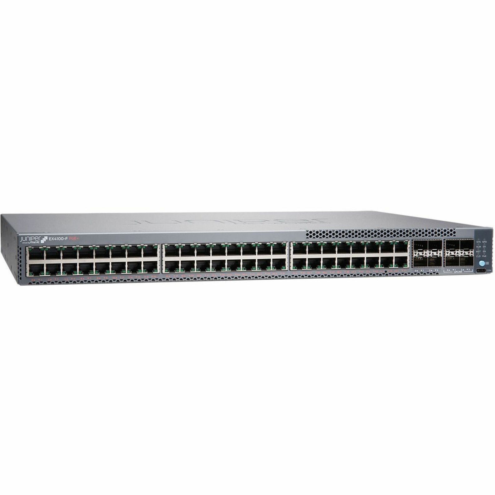 Juniper EX4100-F-48P Ethernet Switch - 48 Ports - Manageable - Gigabit Ethernet, 10 Gigabit Ethernet - 10/100/1000Base-T, 10GBase-X - 3 Layer Supported - Modular - 100 W Power Consumption - 740 W PoE Budget - Optical Fiber, Twisted Pair - PoE Ports - 1U - Rack-mountable, Wall Mountable, Standalone - Lifetime Limited Warranty - TAA Compliant