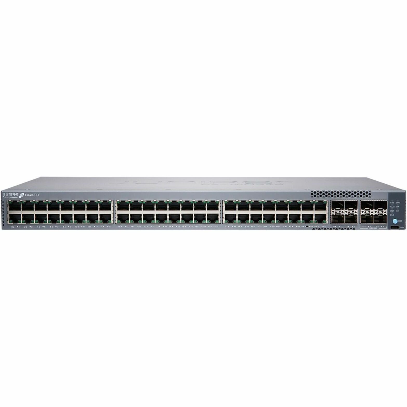 Juniper EX4100-F-48T Ethernet Switch - 48 Ports - Manageable - Gigabit Ethernet, 10 Gigabit Ethernet - 10/100/1000Base-T, 10GBase-X - 3 Layer Supported - Modular - 70 W Power Consumption - 370 W PoE Budget - Optical Fiber, Twisted Pair - 1U - Rack-mountable, Wall Mountable, Standalone - Lifetime Limited Warranty - TAA Compliant
