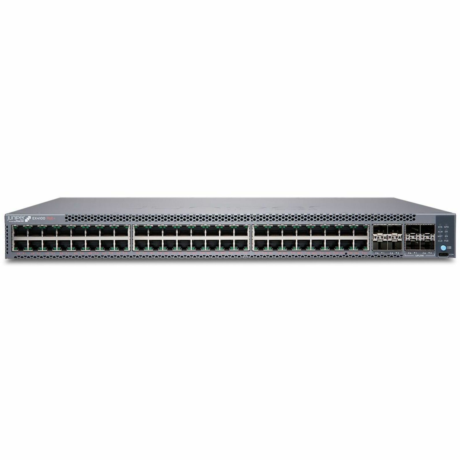 Juniper EX4100-48P Ethernet Switch - 48 Ports - Manageable - Gigabit Ethernet, 10 Gigabit Ethernet, 25 Gigabit Ethernet - 10/100/1000Base-T, 10GBase-X, 25GBase-X - 3 Layer Supported - Modular - 740 W PoE Budget - Optical Fiber, Twisted Pair - PoE Ports - 1U - Rack-mountable, Wall Mountable, Standalone - Lifetime Limited Warranty - TAA Compliant