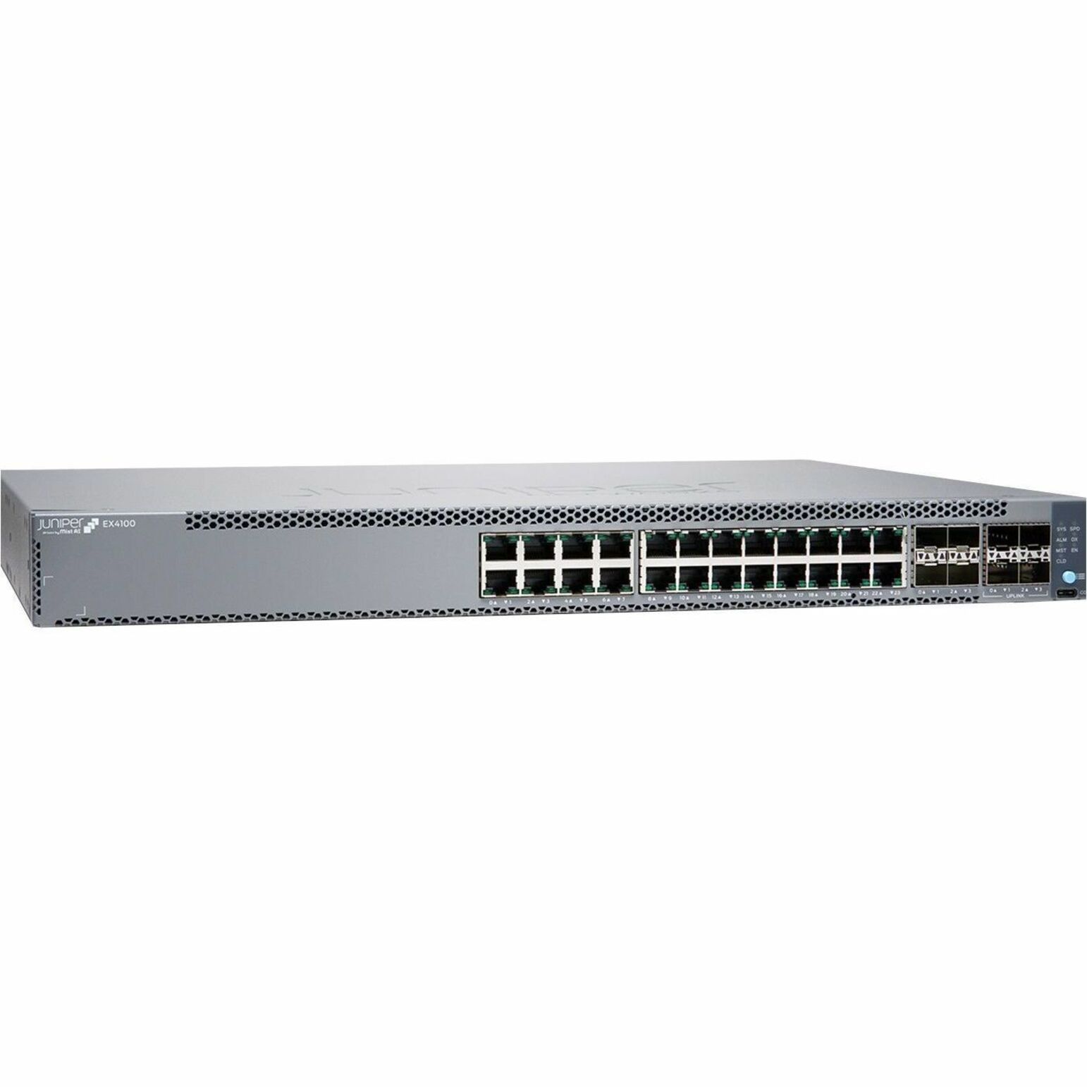 Juniper EX4100-24P Ethernet Switch - 24 Ports - Manageable - 10 Gigabit Ethernet, Gigabit Ethernet, 25 Gigabit Ethernet - 10/100/1000Base-T, 10GBase-X, 25GBase-X - 3 Layer Supported - Modular - 1440 W PoE Budget - Optical Fiber, Twisted Pair - PoE Ports - 1U - Rack-mountable, Wall Mountable, Standalone - Lifetime Limited Warranty - TAA Compliant