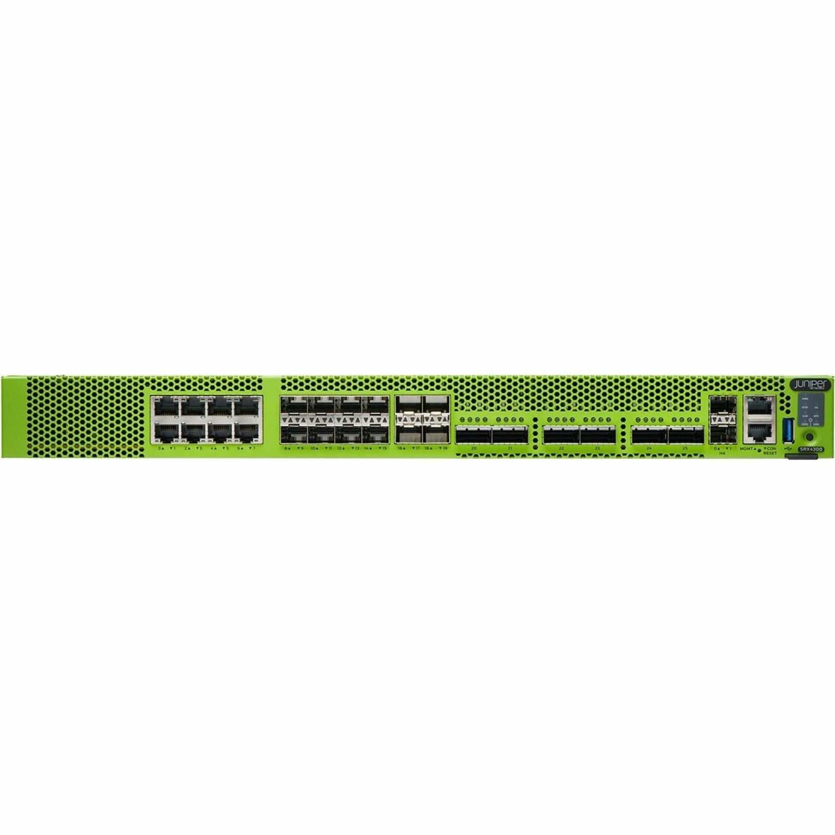 Juniper SRX4300 High Availability Firewall - Intrusion Prevention - 8 Port - 10GBase-T, 10GBase-X, 100GBase-X - 100 Gigabit Ethernet - 90 Gbit/s Firewall Throughput - SSL, DES-CBC, AEC-CBC, AES-GCM, MD5, SHA-256, SHA-196, 3DES-CBC - 8000 VPN - 8 x RJ-45 - 18 Total Expansion Slots - 1U - Rack-mountable - TAA Compliant