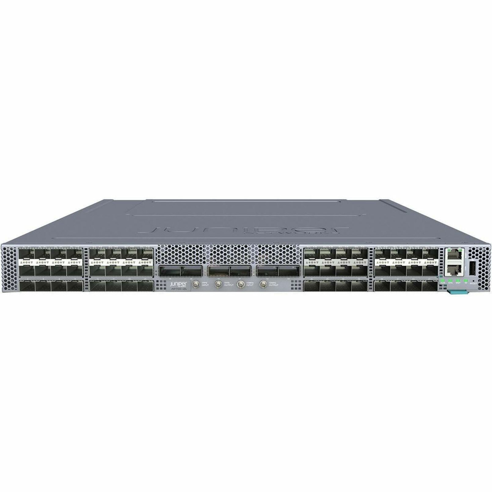 ACX 7100 DevID with 48 SFP56 / 6 QSFP56-DD multi-rate ports, DC PSU, AFO - 54 QSFP56-DD Slots, SFP56 Slots - 400 Gigabit Ethernet - IEEE 802.1ad, IEEE 802.1Q, IEEE 802.3ad - 1U - Rack-mountable