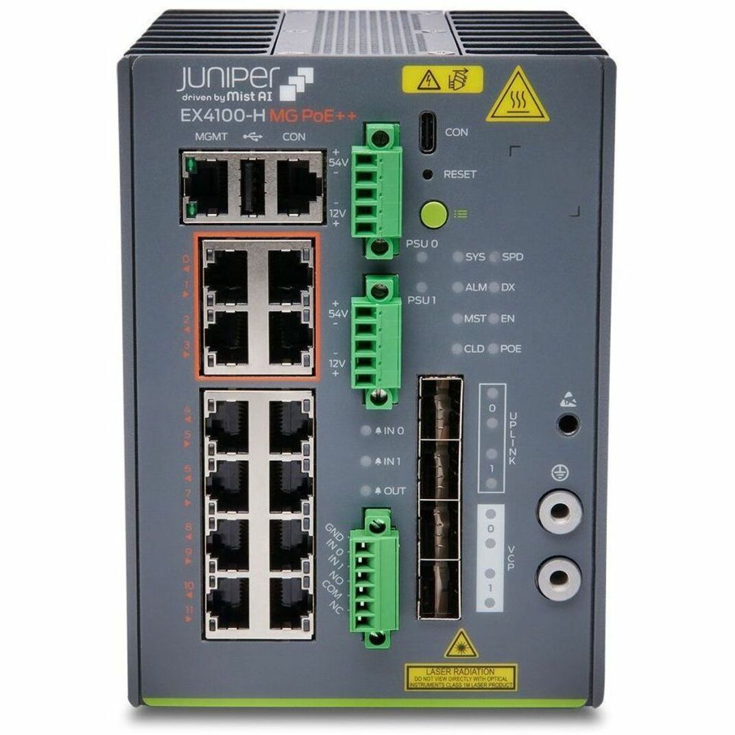 Juniper EX4100-H Switch Chassis - 12 Ports - Manageable - Gigabit Ethernet, 2.5 Gigabit Ethernet - 10/100/1000Base-T, 2.5GBase-T - 3 Layer Supported - Modular - 360 W PoE Budget - Twisted Pair - PoE Ports - Wall Mountable, Rail-mountable, DIN Rail Mountable, Magnetic Mount - Lifetime Limited Warranty
