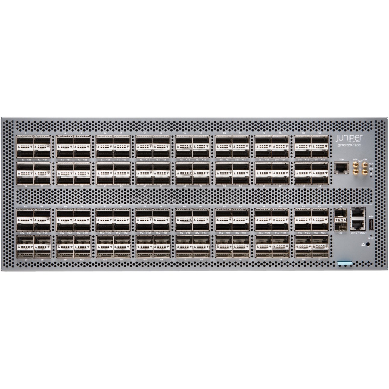 Juniper QFX5220-128C Ethernet Switch - Manageable - 100 Gigabit Ethernet, 10 Gigabit Ethernet - 10GBase-X, 100GBase-X - 3 Layer Supported - Modular - 2023 W Power Consumption - Optical Fiber - 4U - Rack-mountable - 1 Year Limited Warranty - TAA Compliant