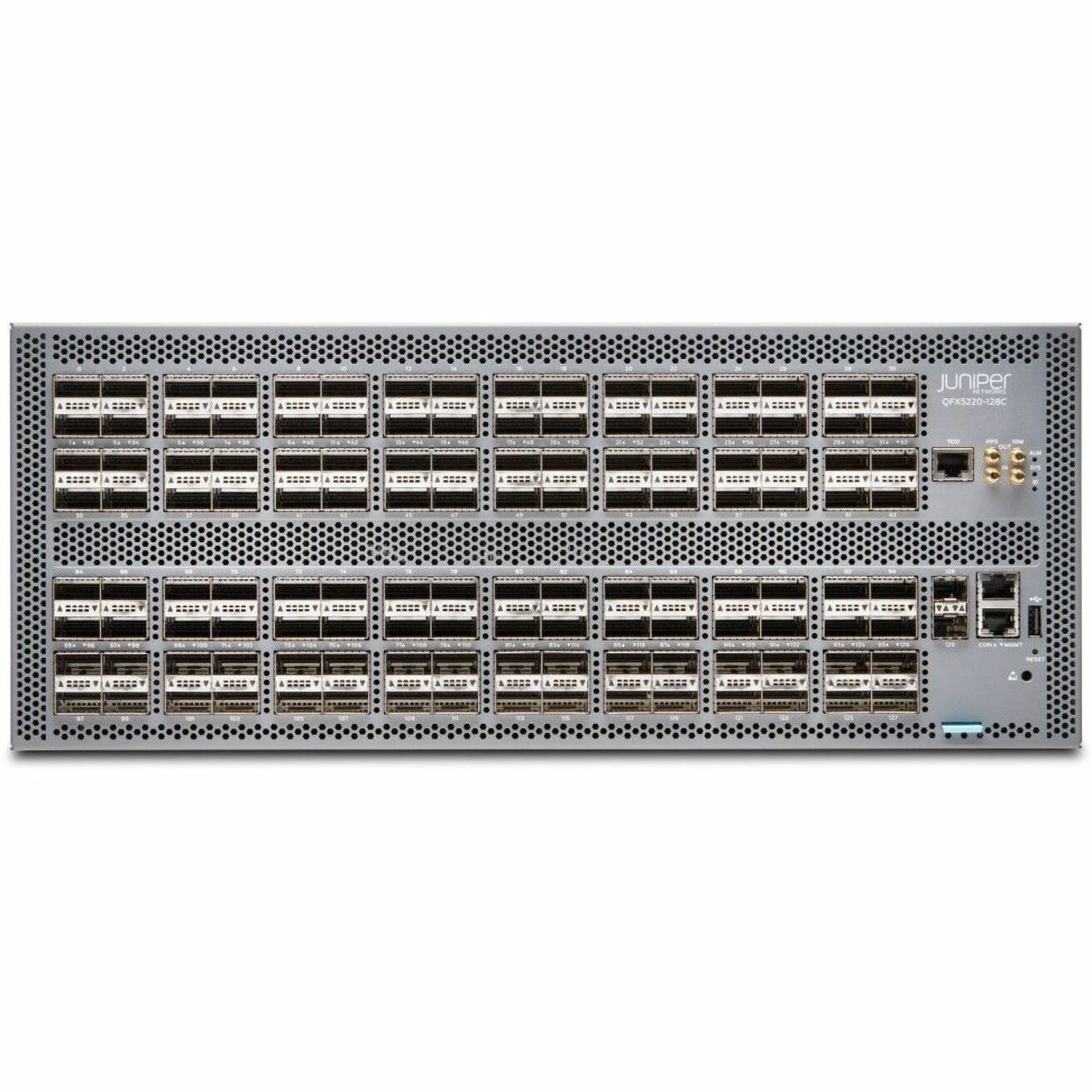 Juniper QFX5220-128C Ethernet Switch - Manageable - 400 Gigabit Ethernet, 10 Gigabit Ethernet - 10GBase-X - 3 Layer Supported - Modular - 1990 W Power Consumption - Optical Fiber - 4U - Rack-mountable - 1 Year Limited Warranty - TAA Compliant