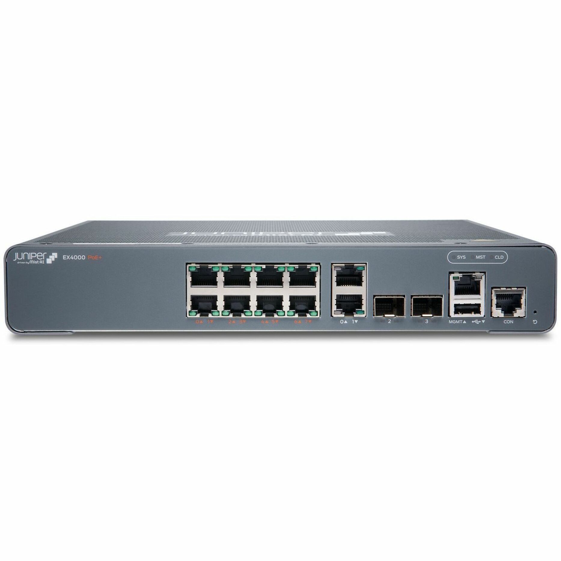 Juniper EX4000-8P Ethernet Switch - 8 Ports - Manageable - Gigabit Ethernet, 10 Gigabit Ethernet - 1000Base-T, 10GBase-X - 4 Layer Supported - Modular - 30 W Power Consumption - 120 W PoE Budget - Twisted Pair, Optical Fiber - PoE Ports - Compact, Rack-mountable, Wall Mountable, Magnetic Mount, DIN Rail Mountable - Lifetime Limited Warranty