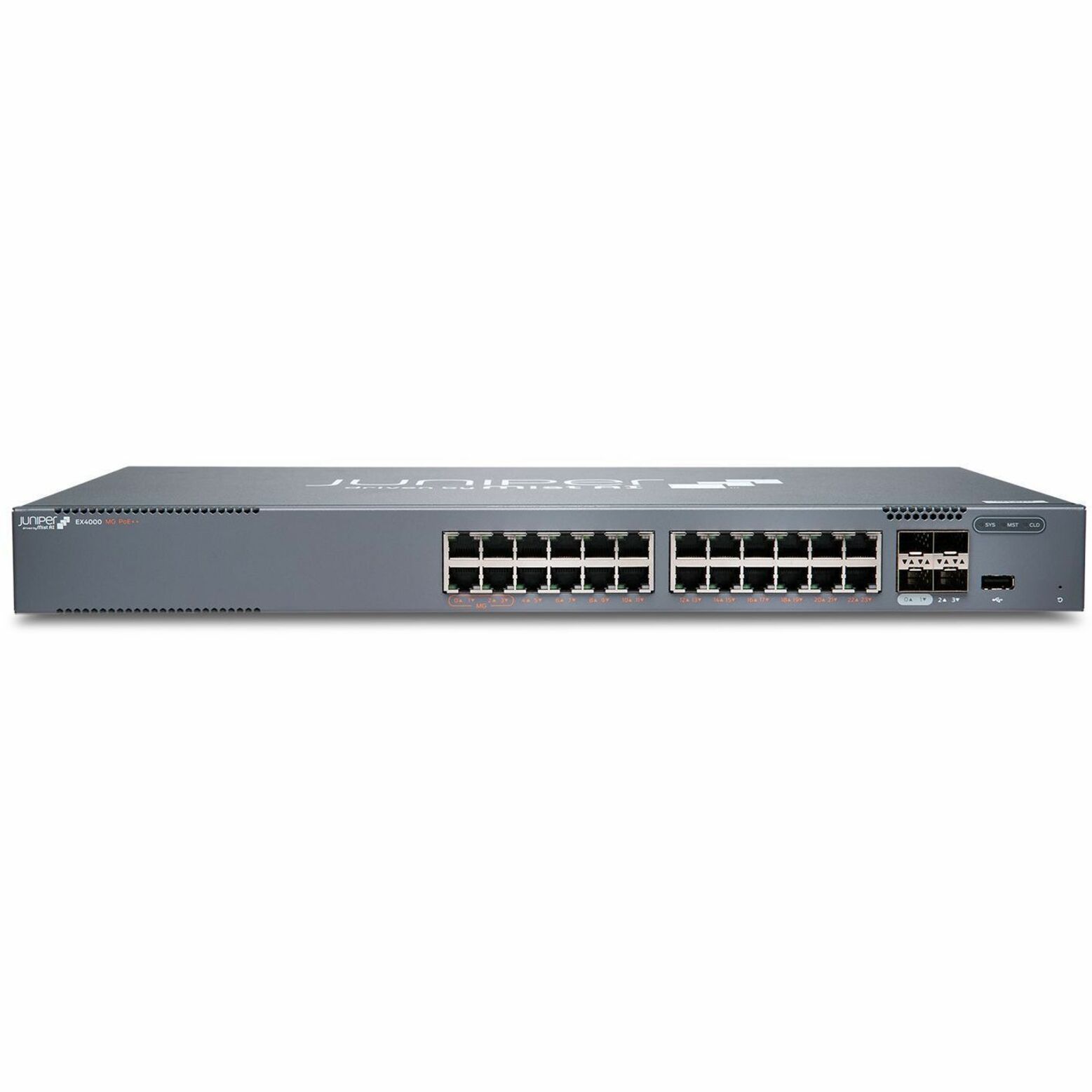 Juniper EX4000-24MP Ethernet Switch - 24 Ports - Manageable - Gigabit Ethernet, 2.5 Gigabit Ethernet, 10 Gigabit Ethernet - 1000Base-T, 2.5GBase-T, 10GBase-X - 4 Layer Supported - Modular - 57 W Power Consumption - 480 W PoE Budget - Twisted Pair, Optical Fiber - PoE Ports - Compact, Rack-mountable - Lifetime Limited Warranty